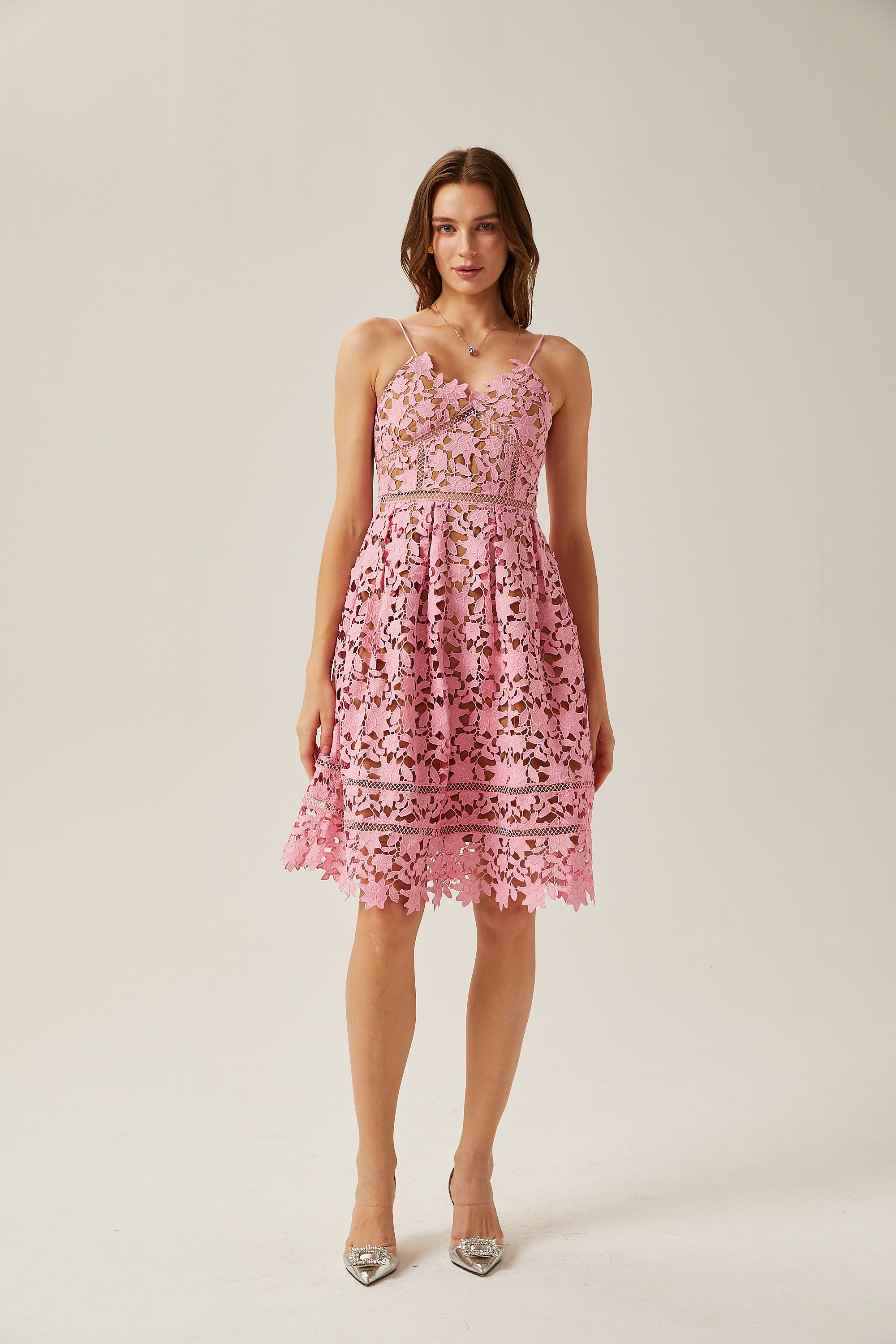 Jocelyne pink lace cut-out midi dress