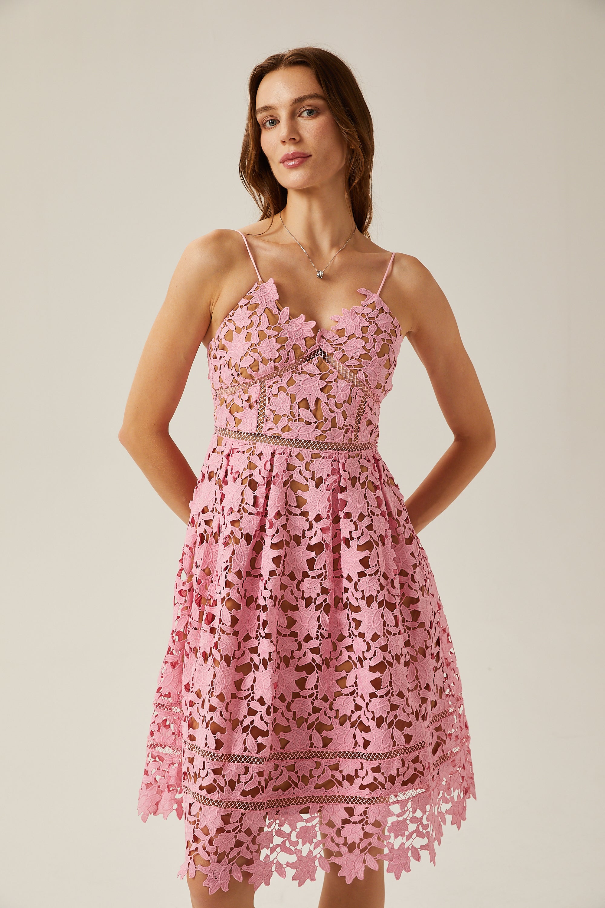 Jocelyne pink lace cut-out midi dress