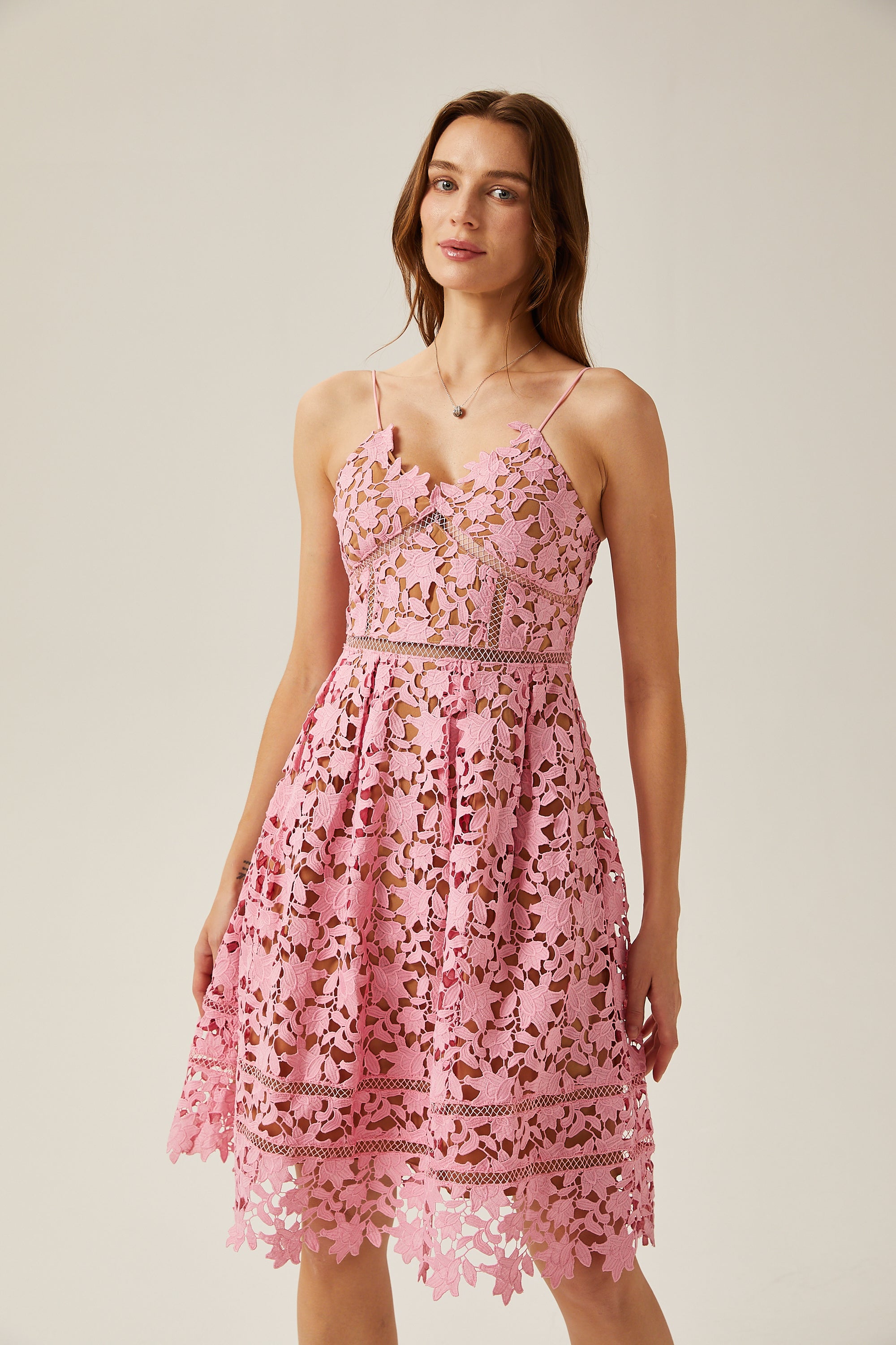 Jocelyne pink lace cut-out midi dress