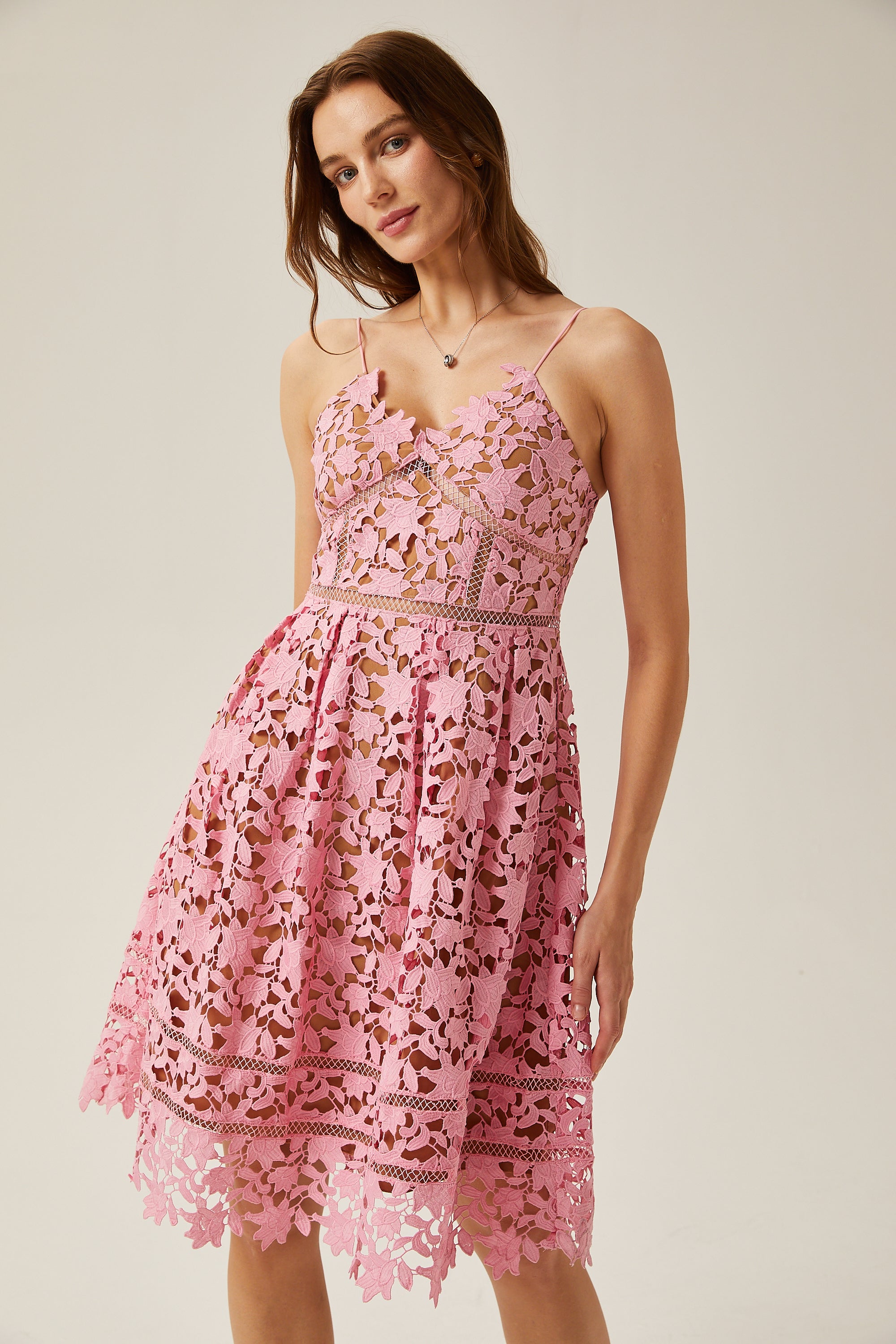 Jocelyne pink lace cut-out midi dress