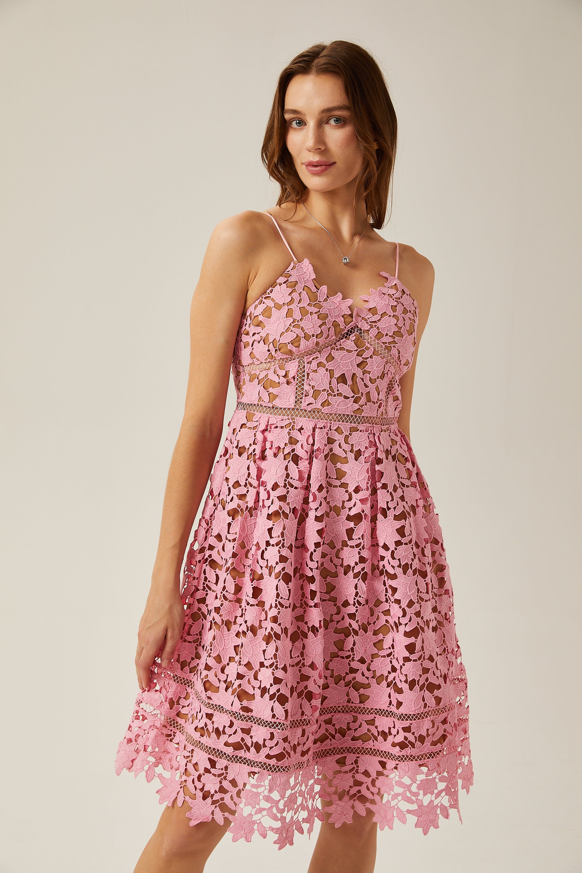 Jocelyne pink lace cut-out midi dress