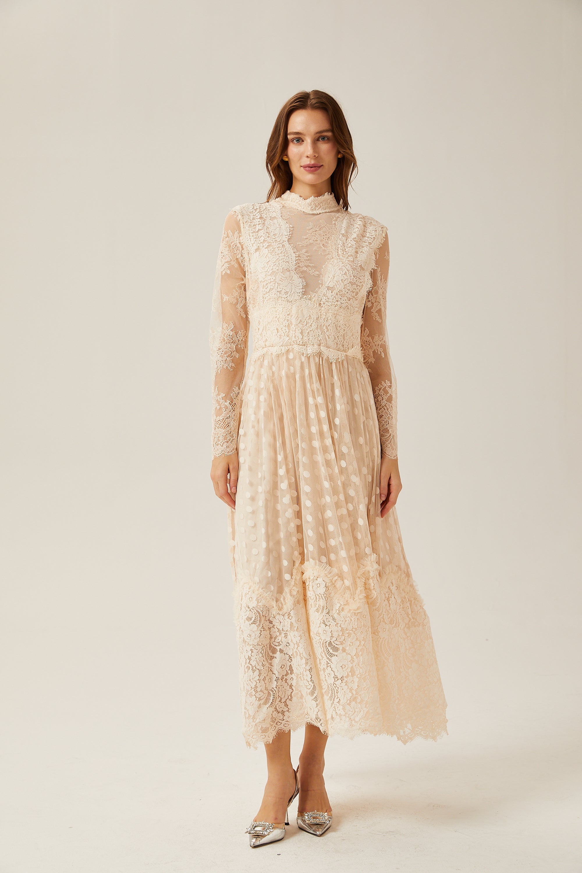 Éliane polka-dot lace-embroidered midi dress