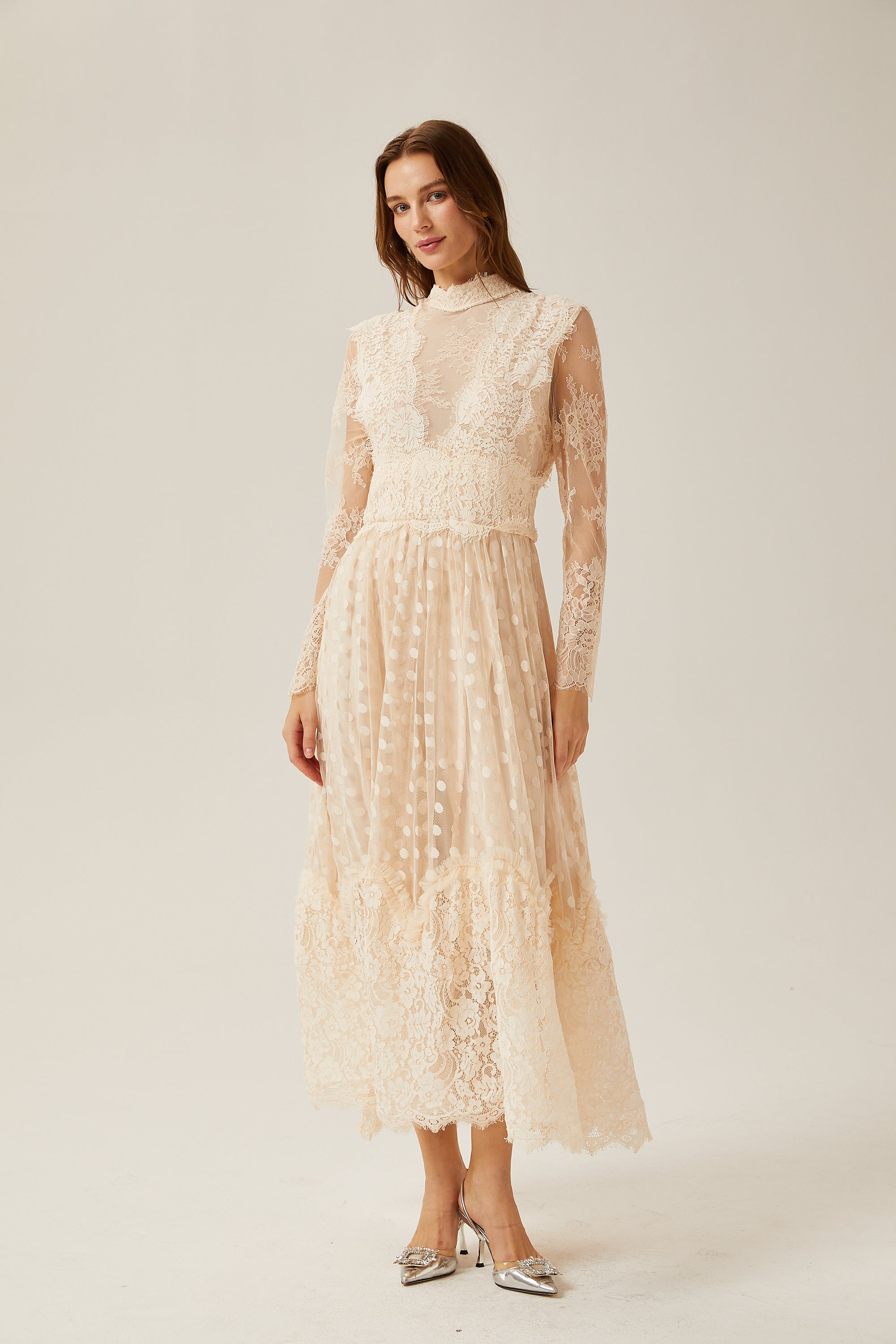 Éliane polka-dot lace-embroidered midi dress