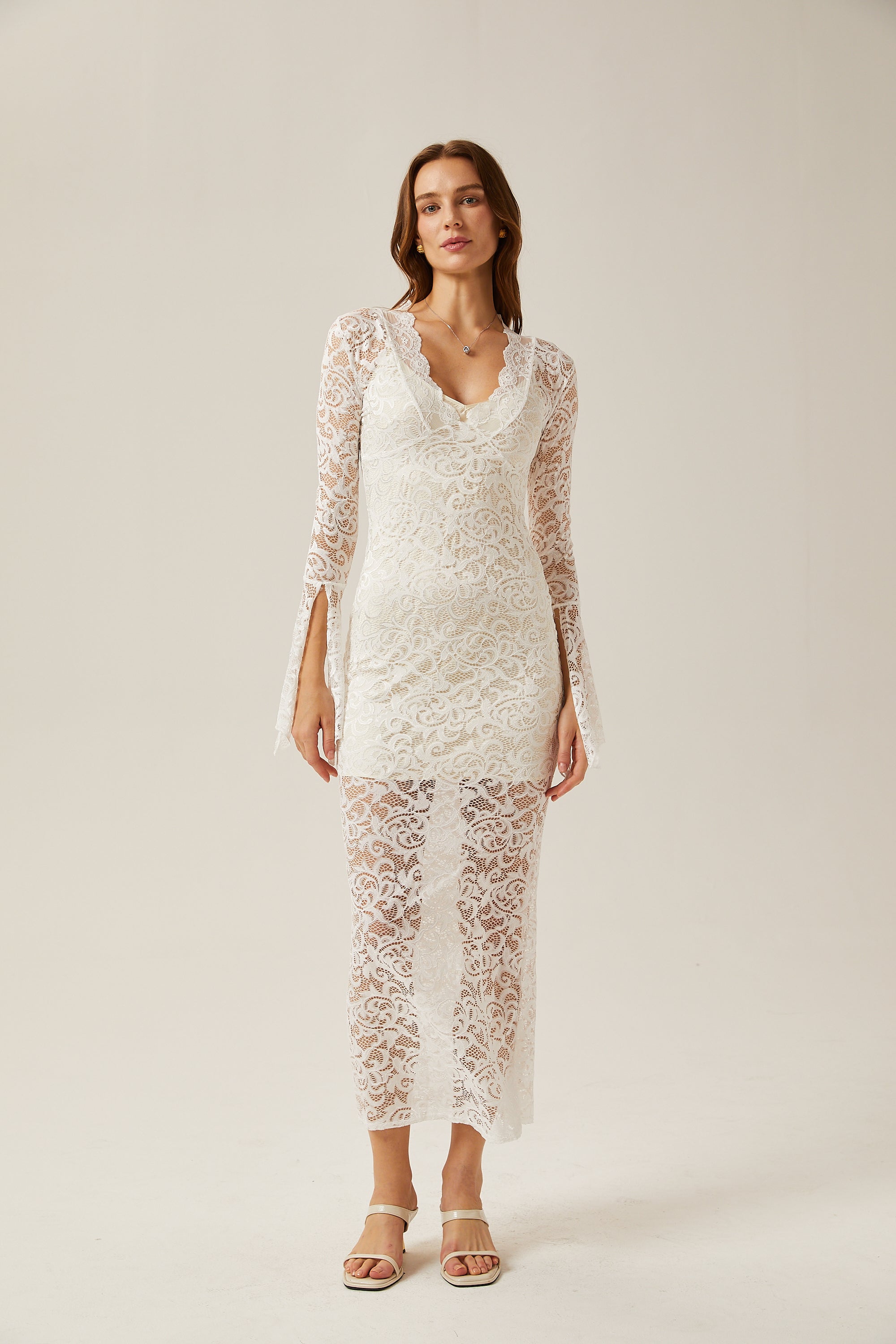 Martine white lace sheer midi dress