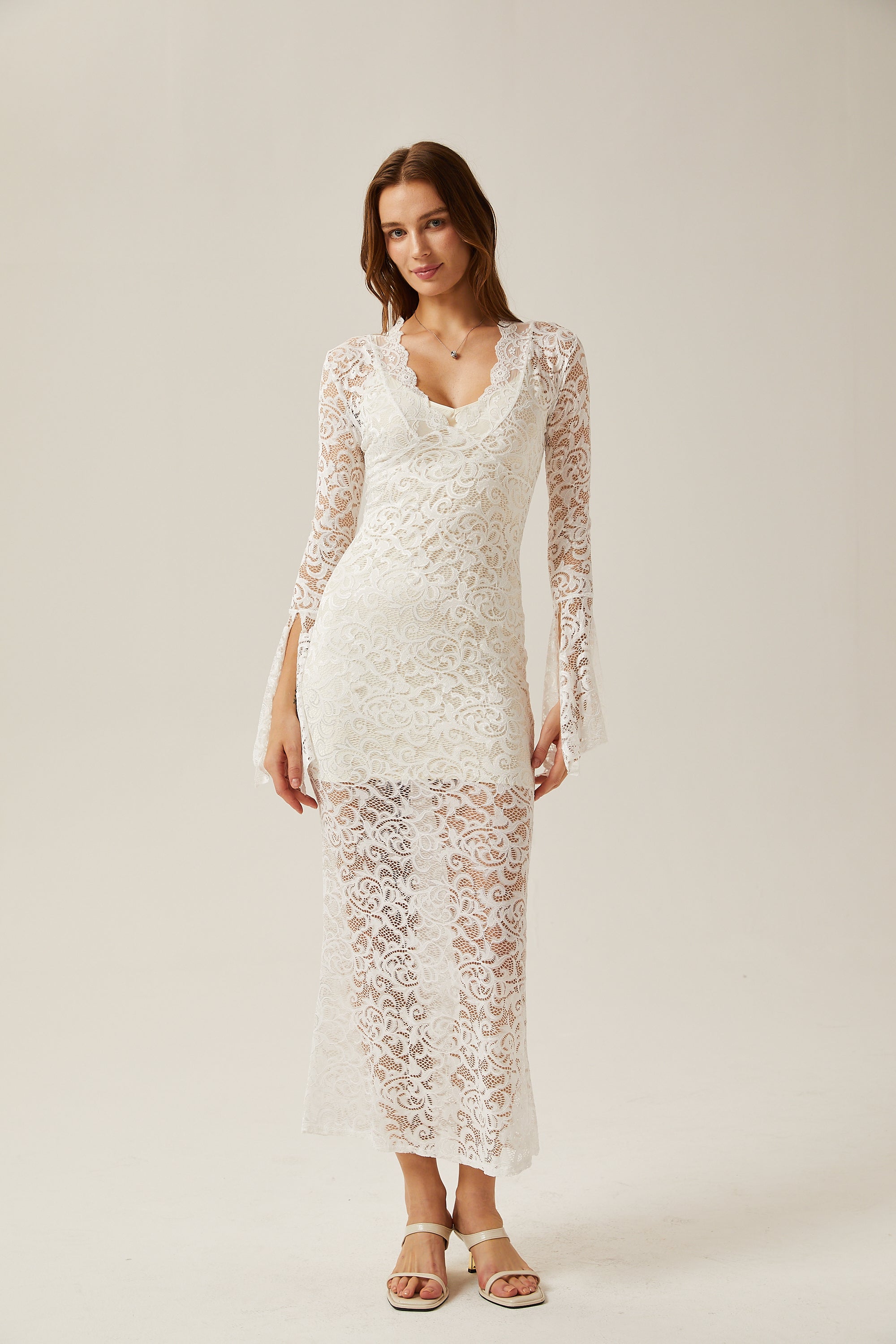 Martine white lace sheer midi dress