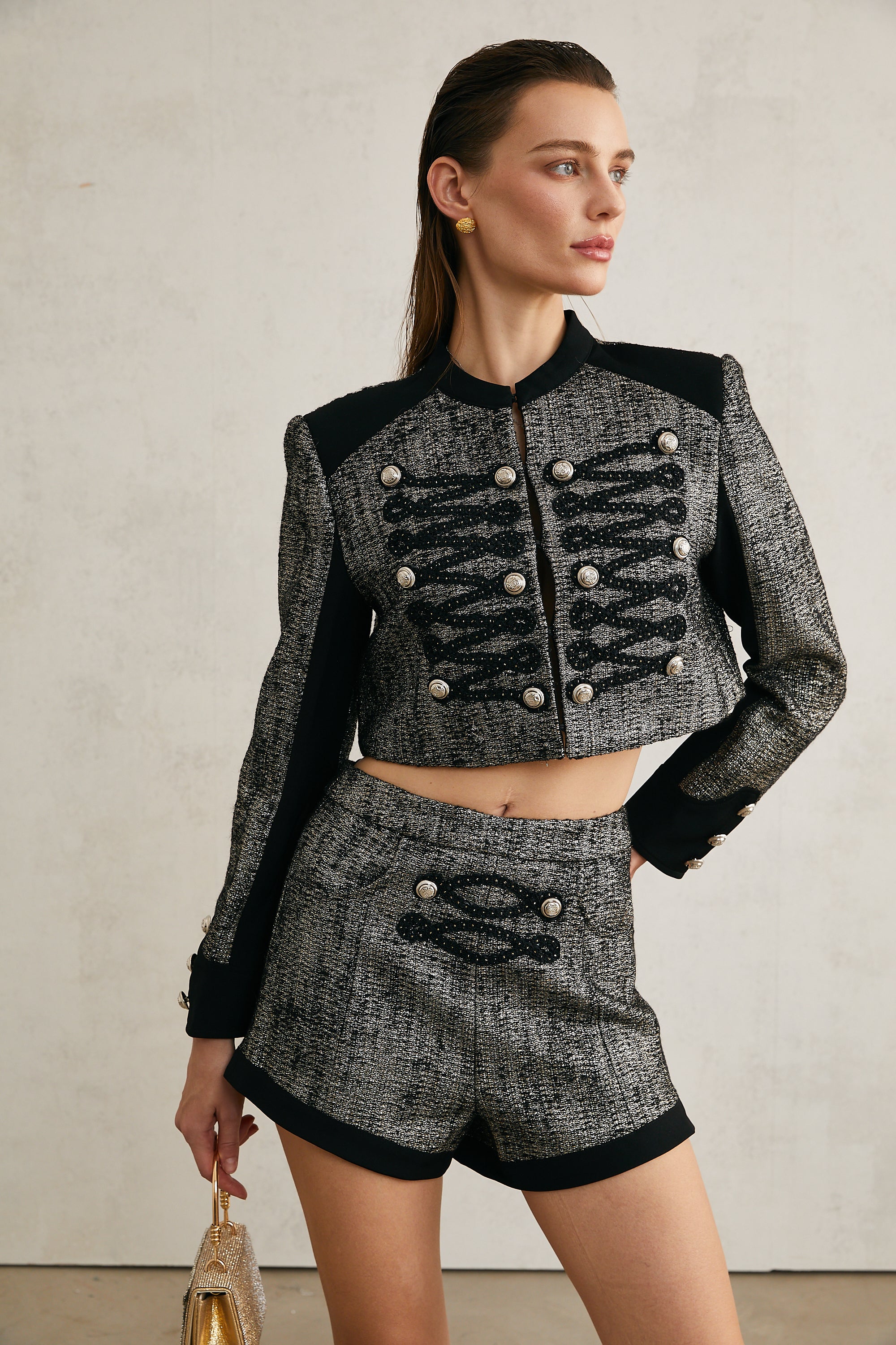 Indiana black cropped jacket & shorts matching set