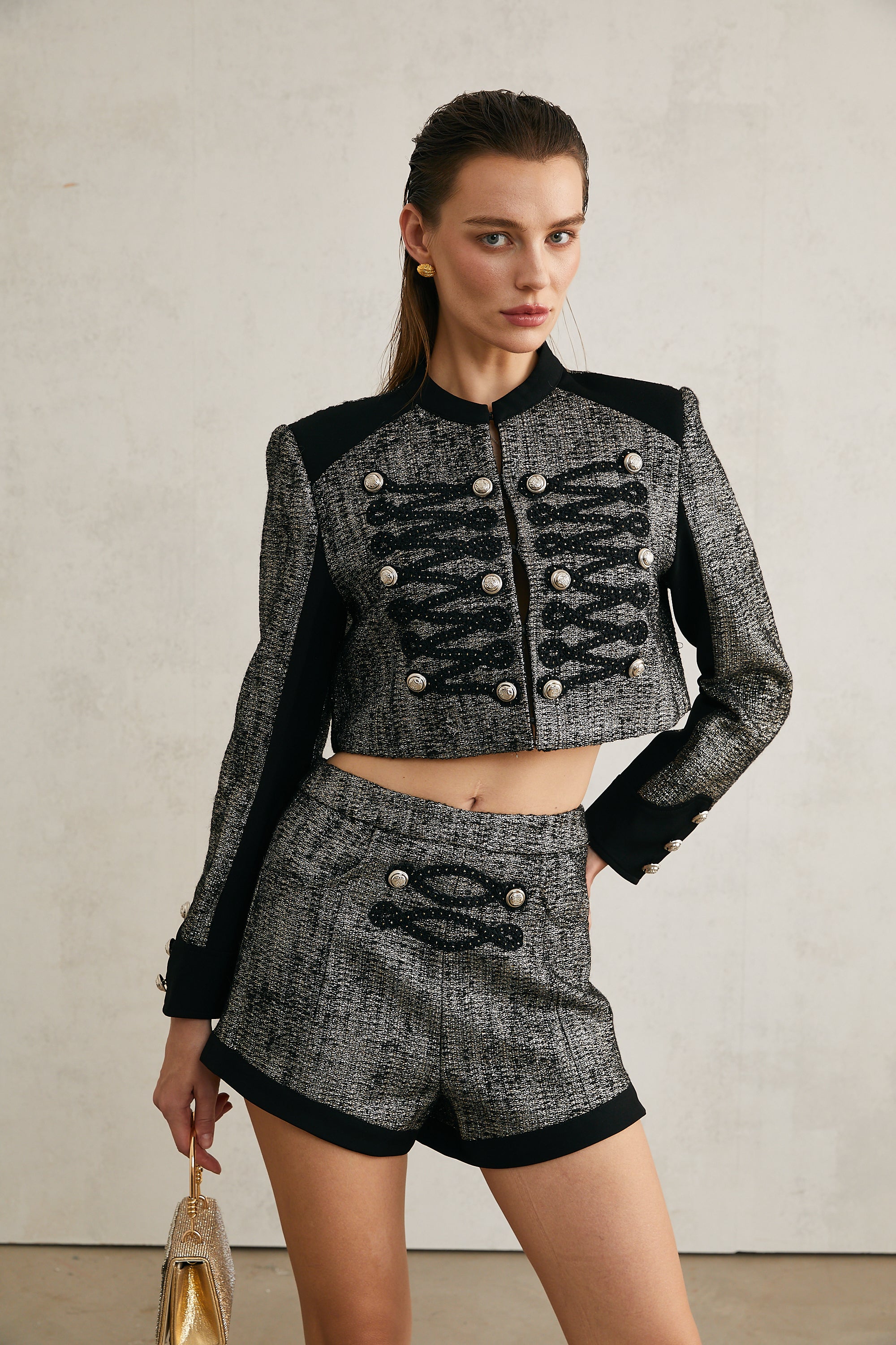 Indiana black cropped jacket & shorts matching set