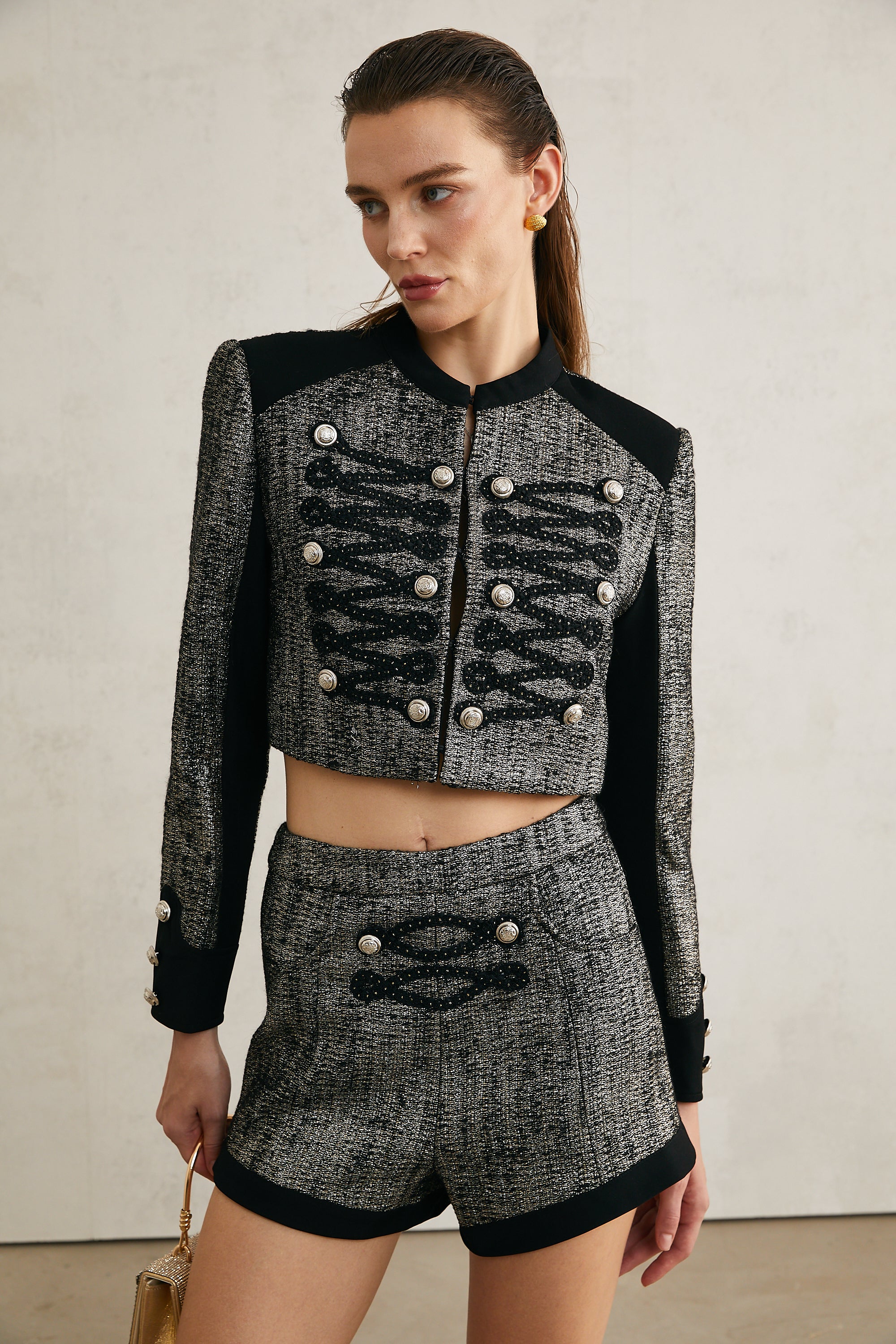 Indiana black cropped jacket & shorts matching set