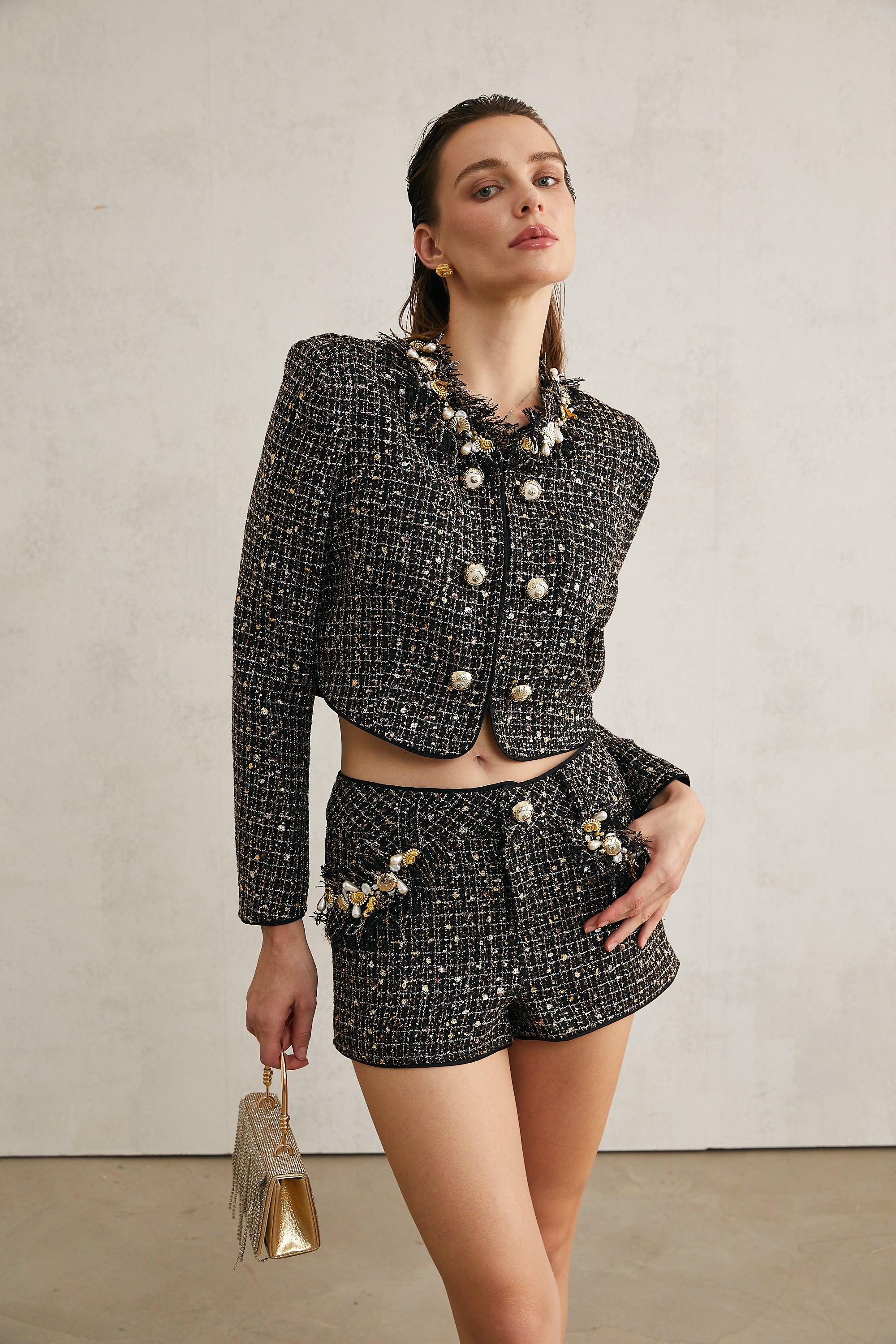 Brianna tweed embellished jacket & shorts matching set