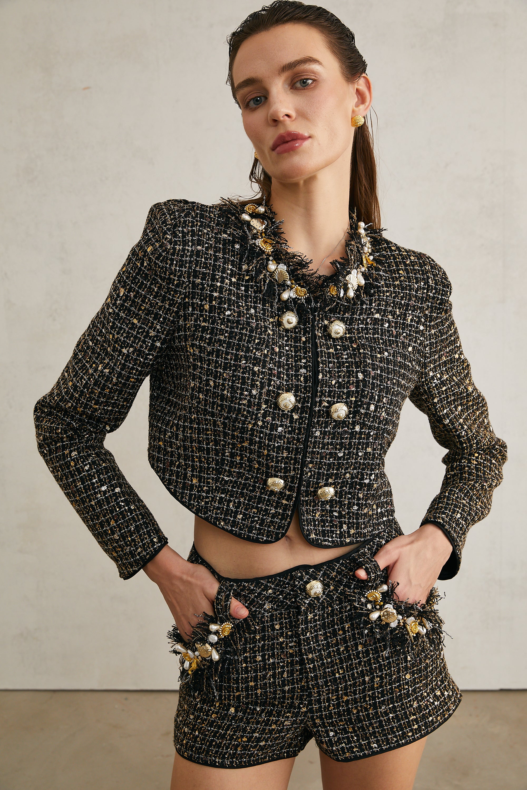 Brianna tweed embellished jacket & shorts matching set