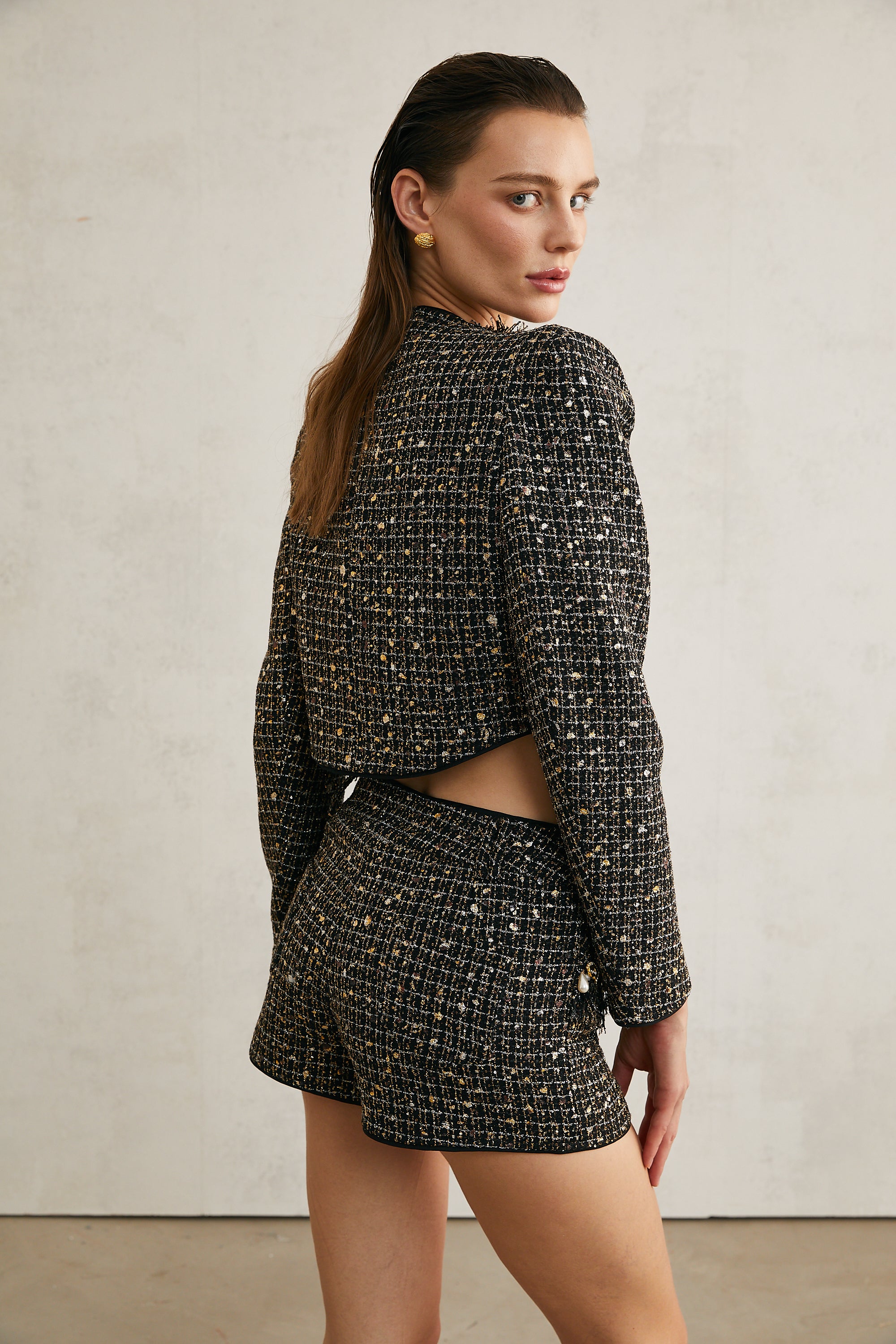 Brianna tweed embellished jacket & shorts matching set