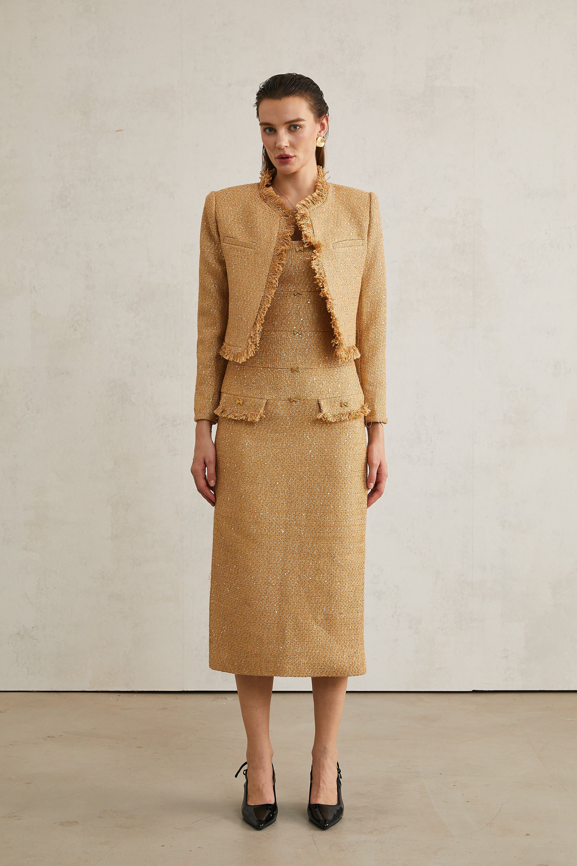 Aurore gold tweed jacket & dress matching set