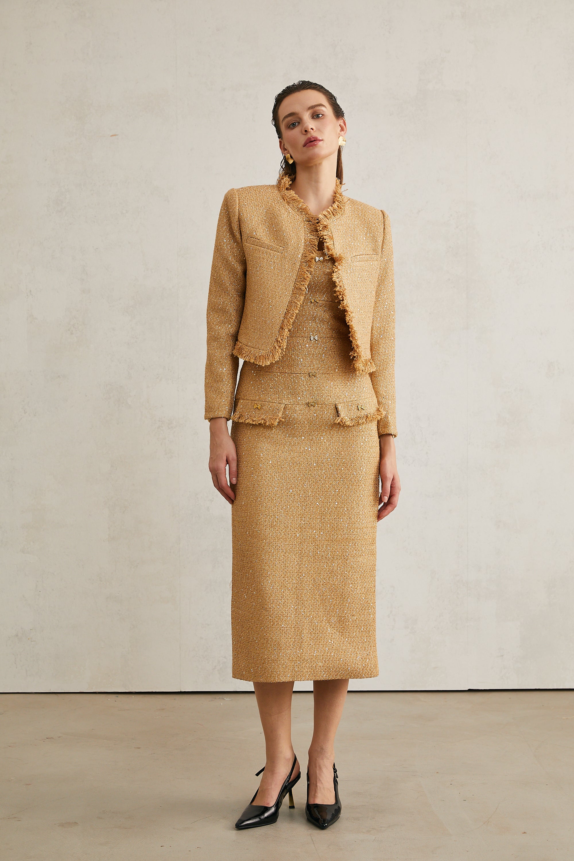 Aurore gold tweed jacket & dress matching set