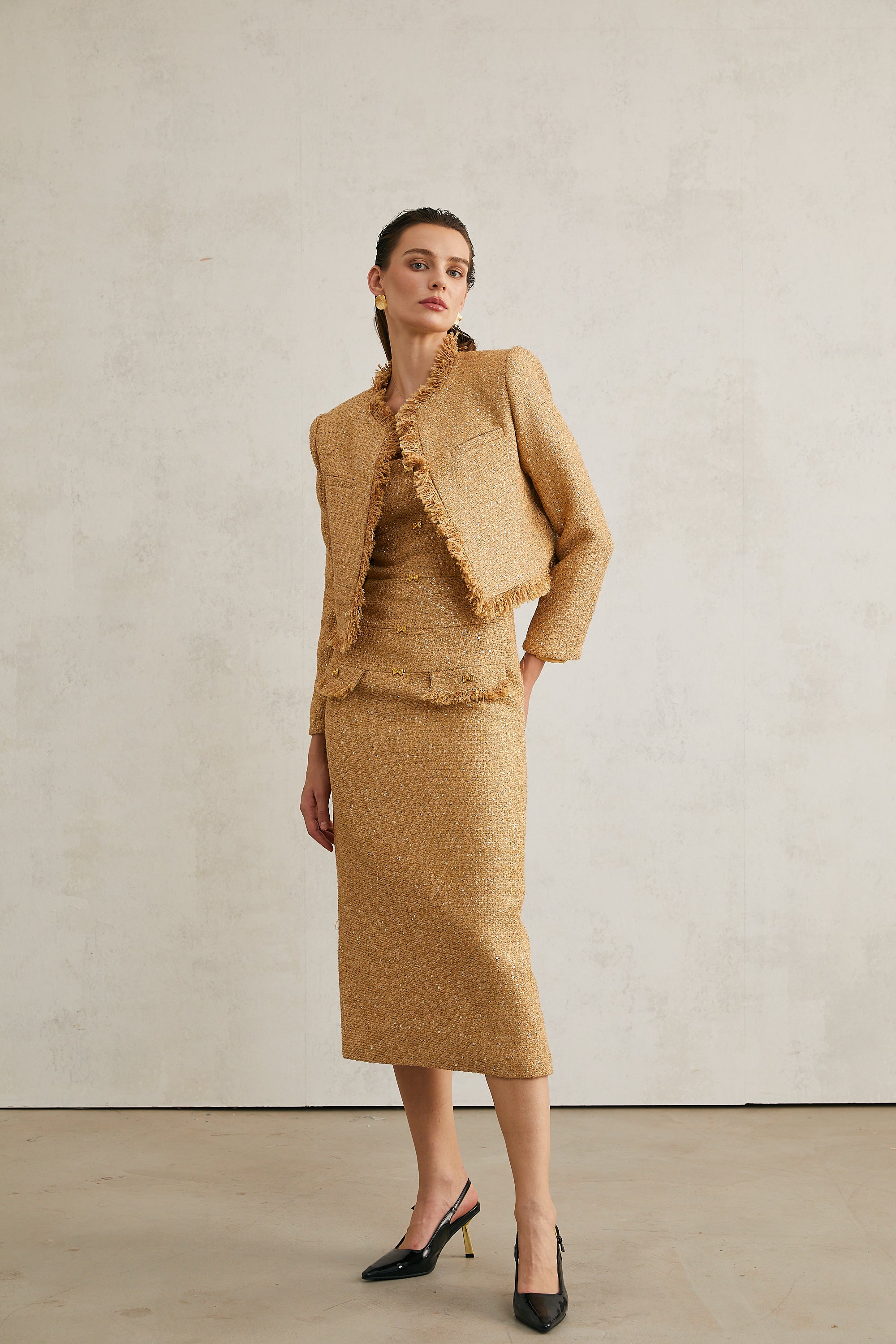 Aurore gold tweed jacket & dress matching set