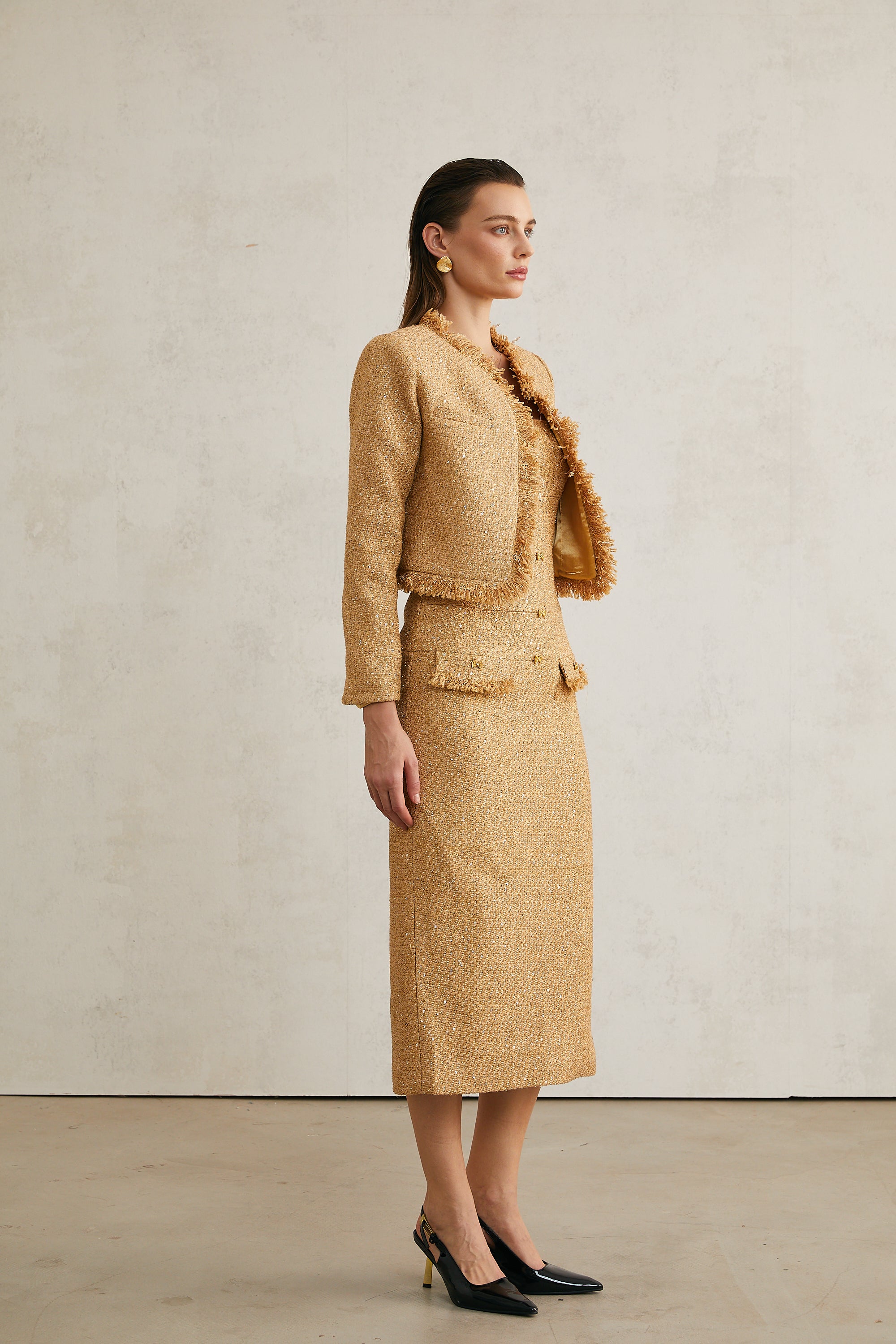 Aurore gold tweed jacket & dress matching set