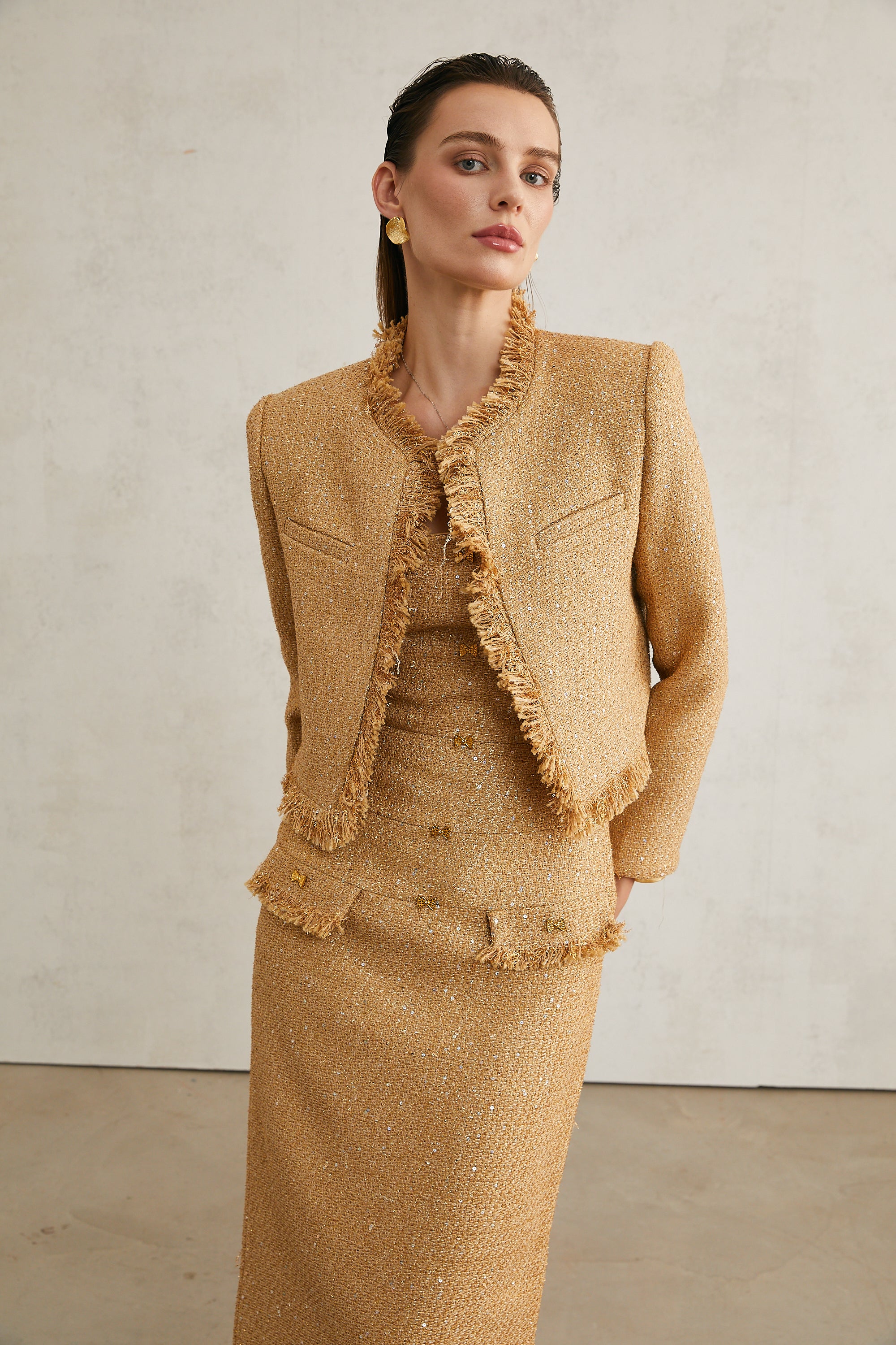 Aurore gold tweed jacket & dress matching set