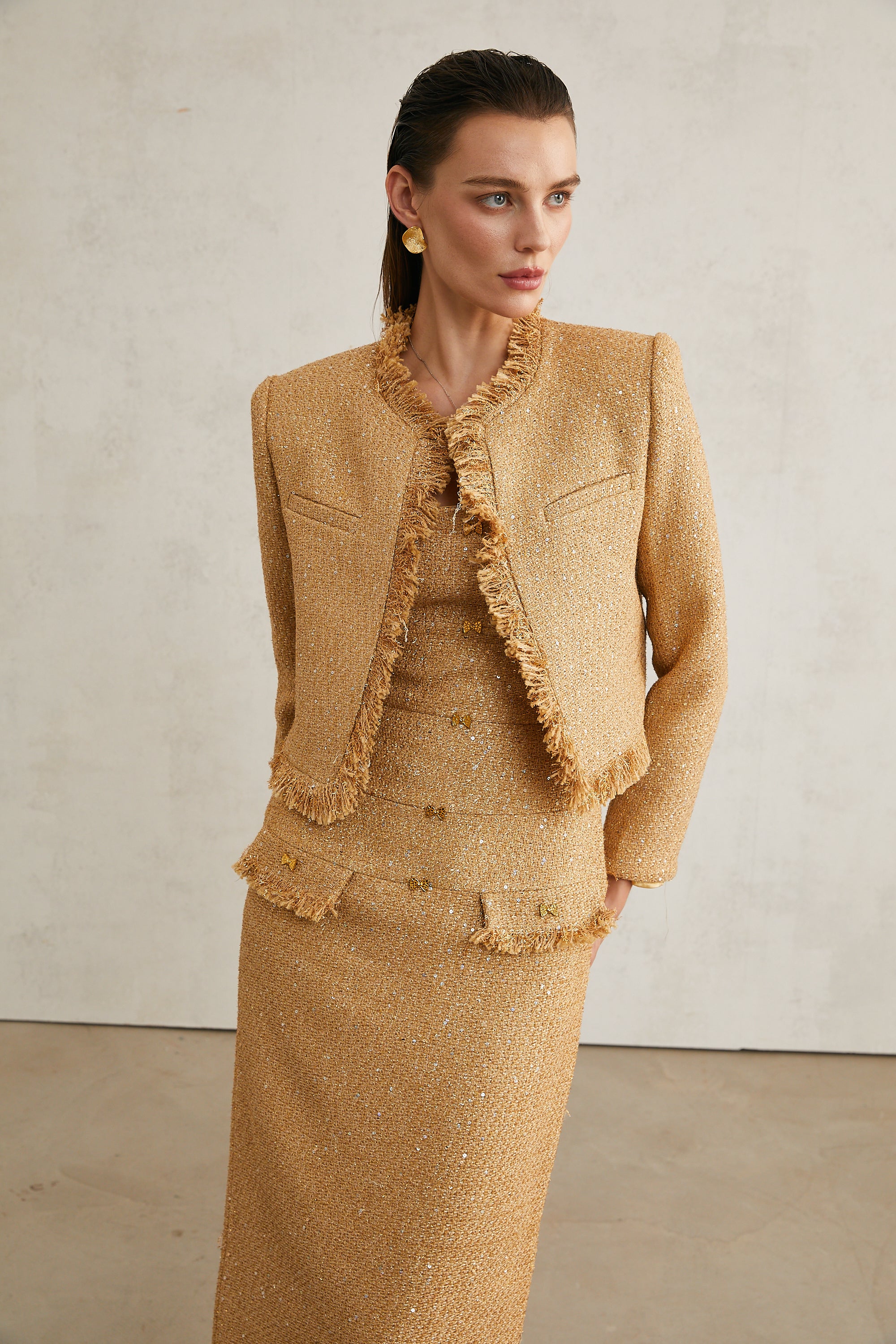 Aurore gold tweed jacket & dress matching set