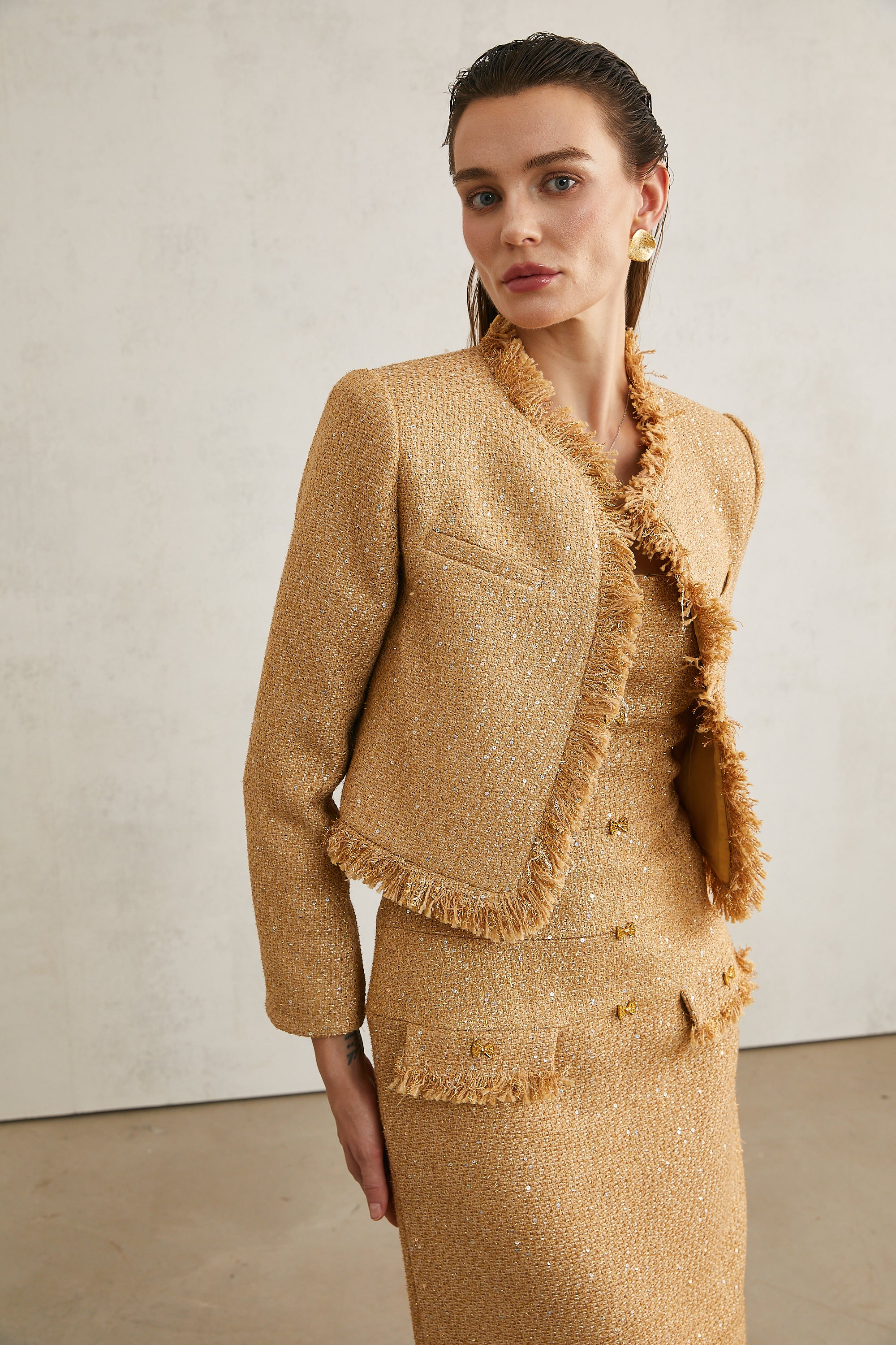 Aurore gold tweed jacket & dress matching set