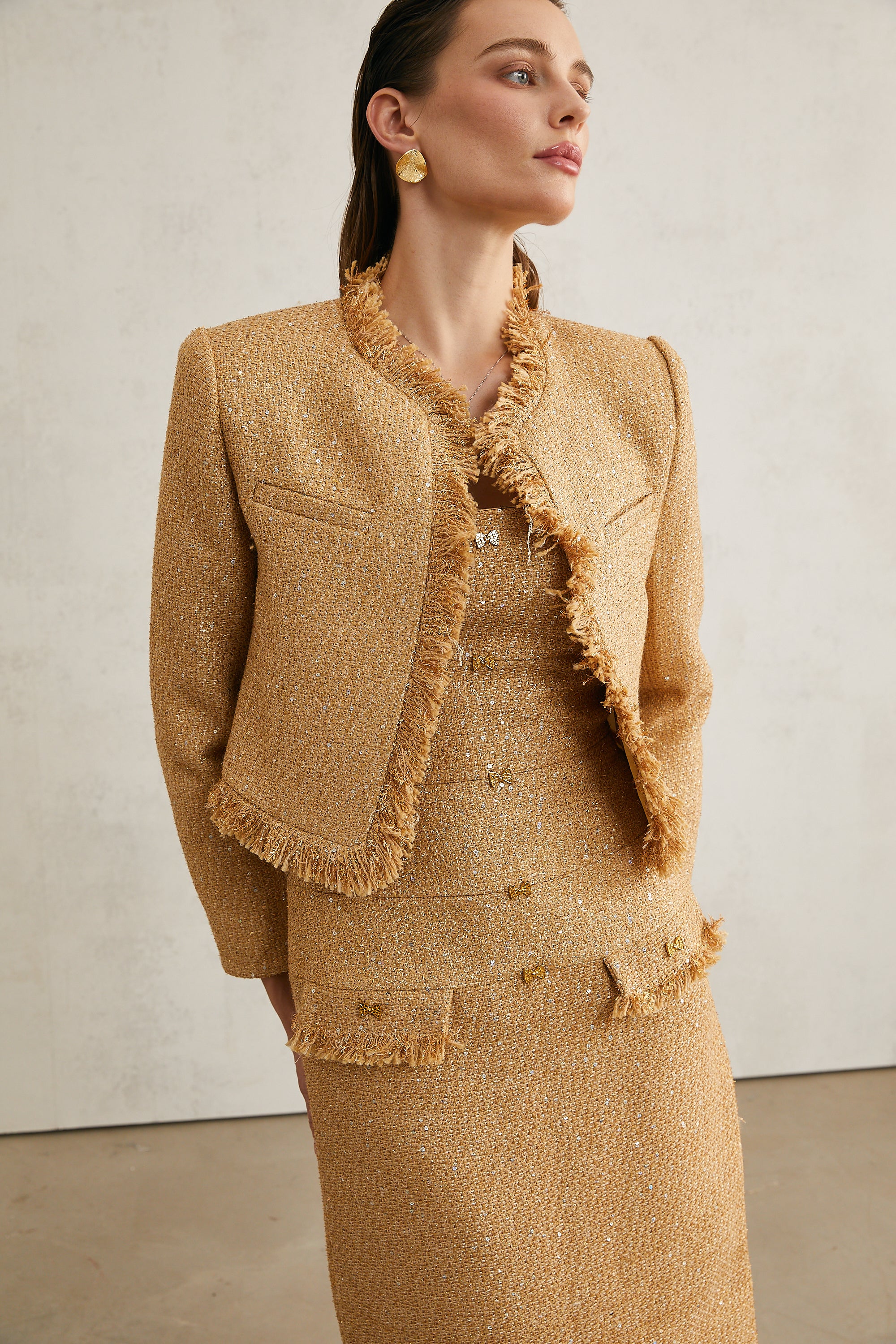 Aurore gold tweed jacket & dress matching set