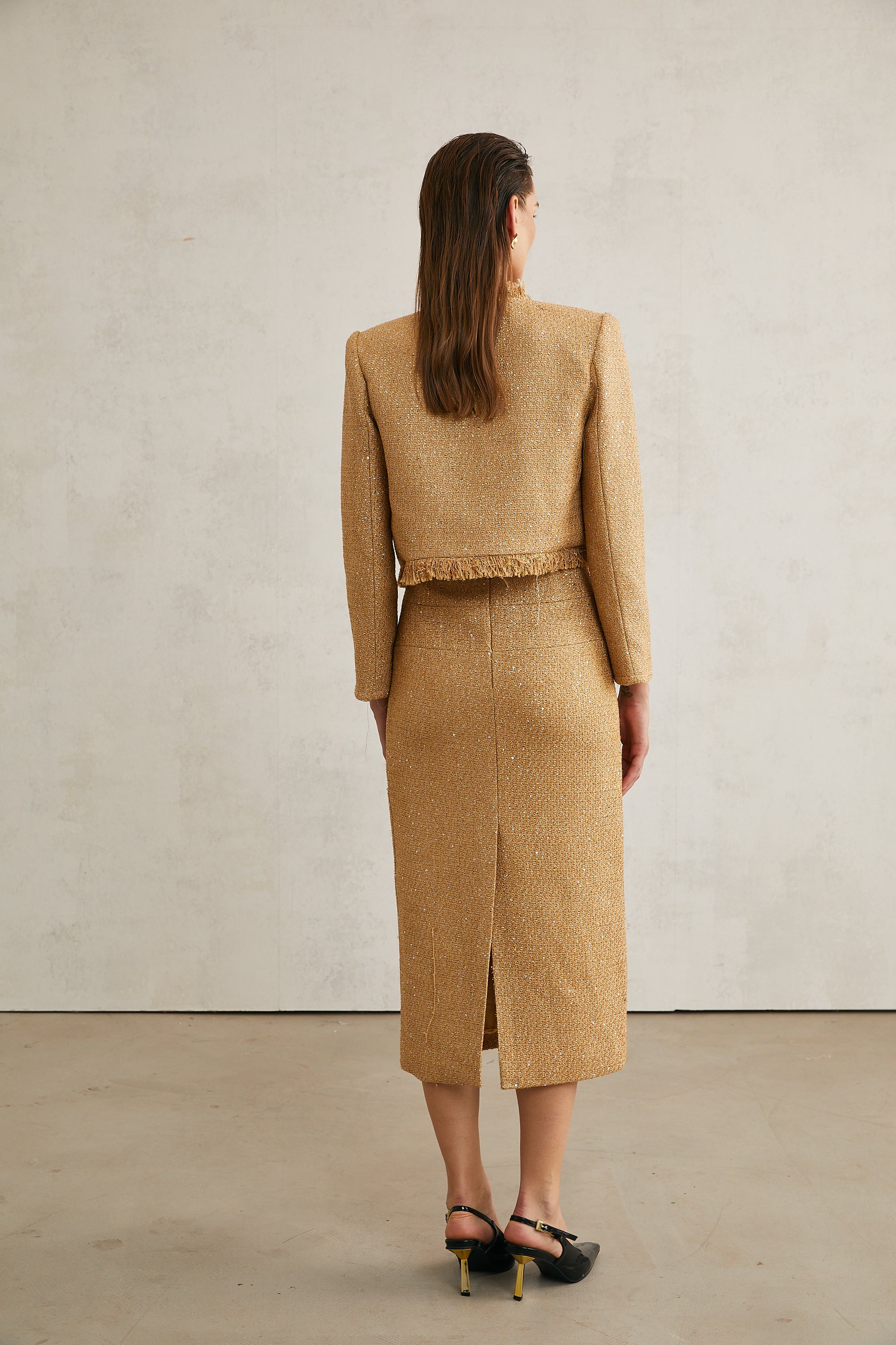 Aurore gold tweed jacket & dress matching set