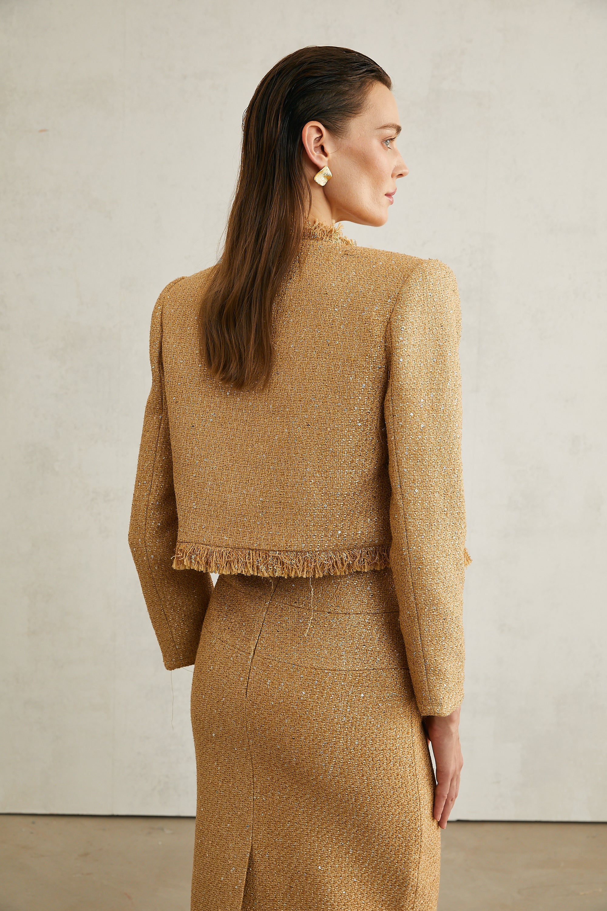 Aurore gold tweed jacket & dress matching set