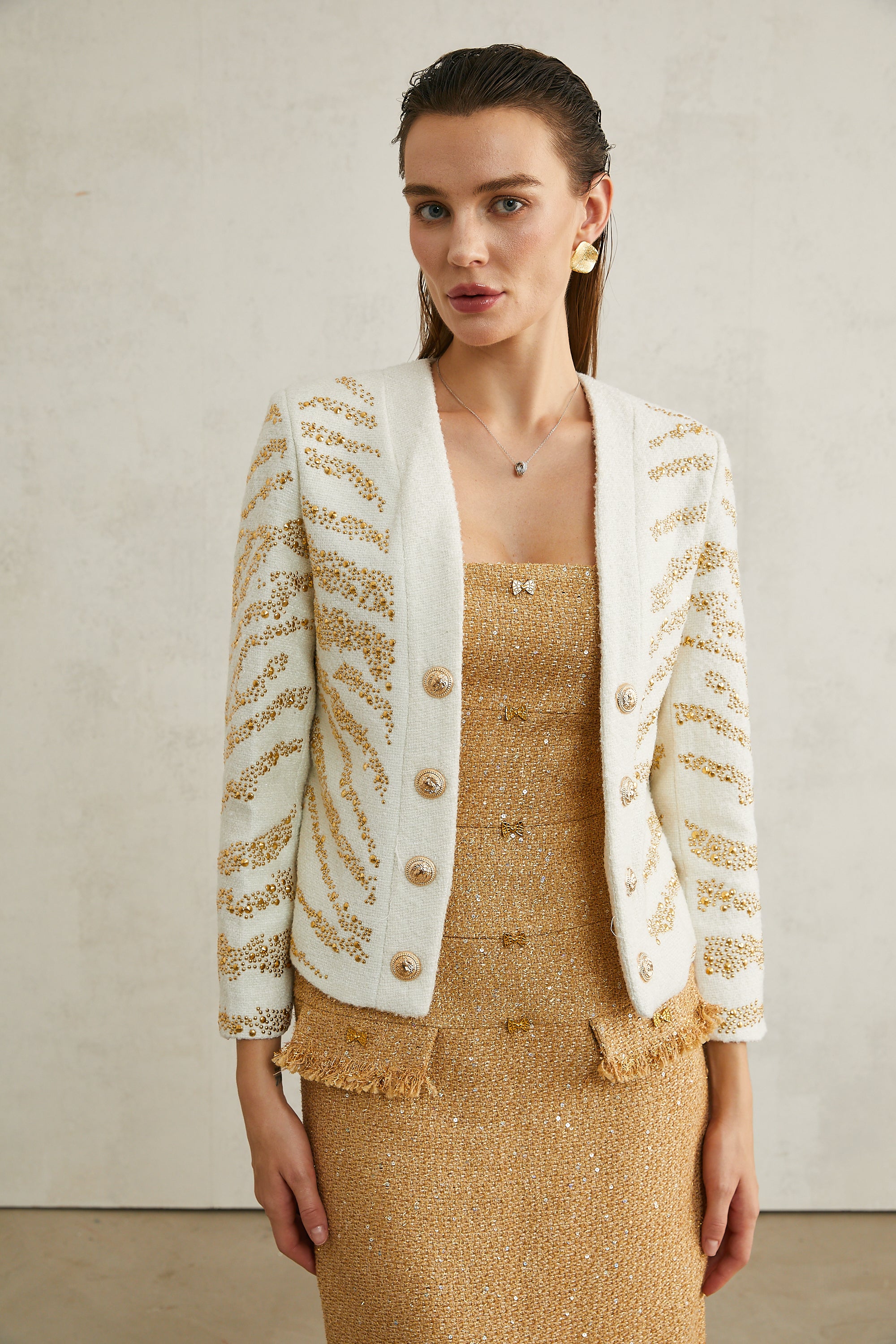 Calla white embellished collarless jacket