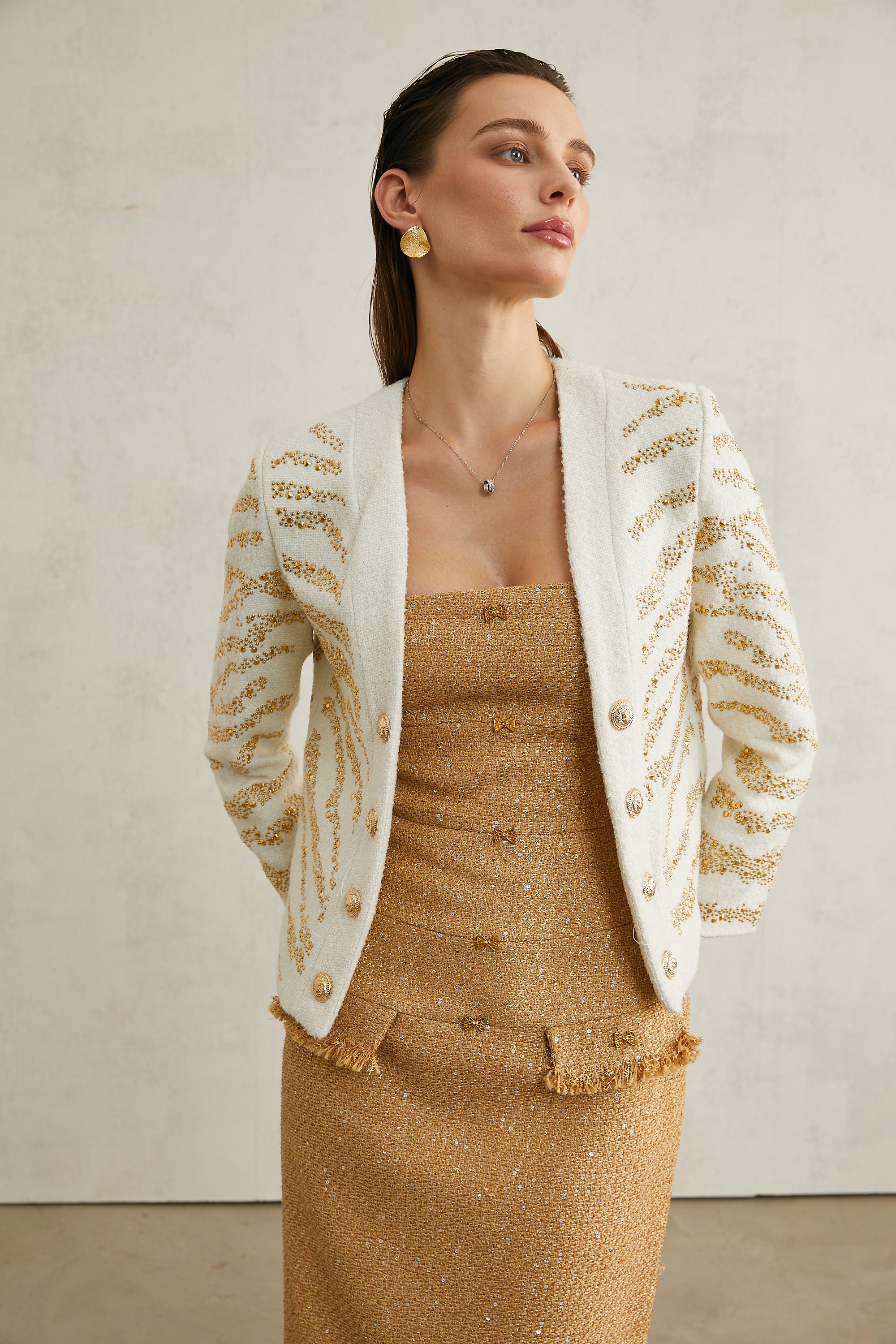 Calla white embellished collarless jacket