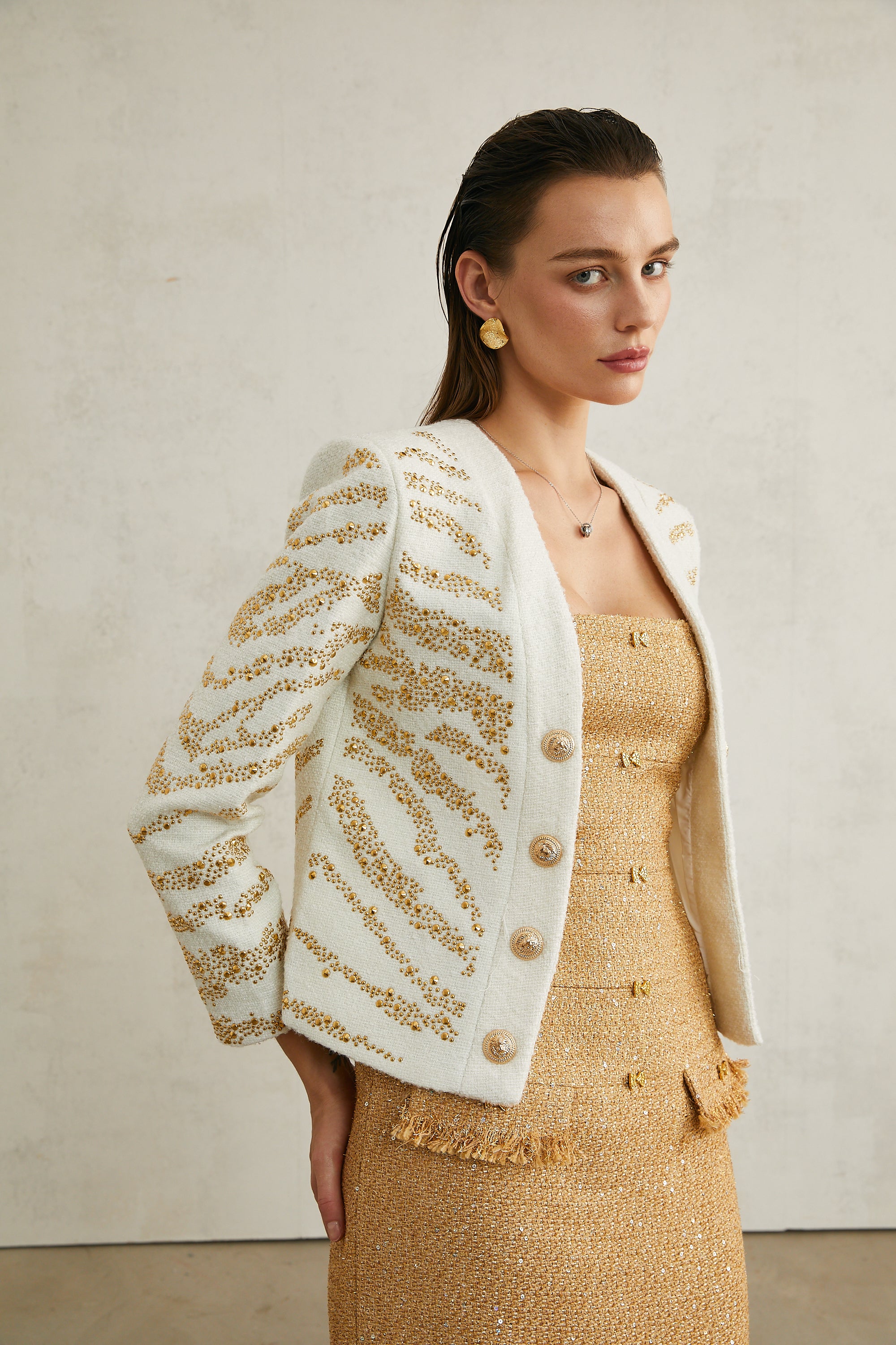 Calla white embellished collarless jacket