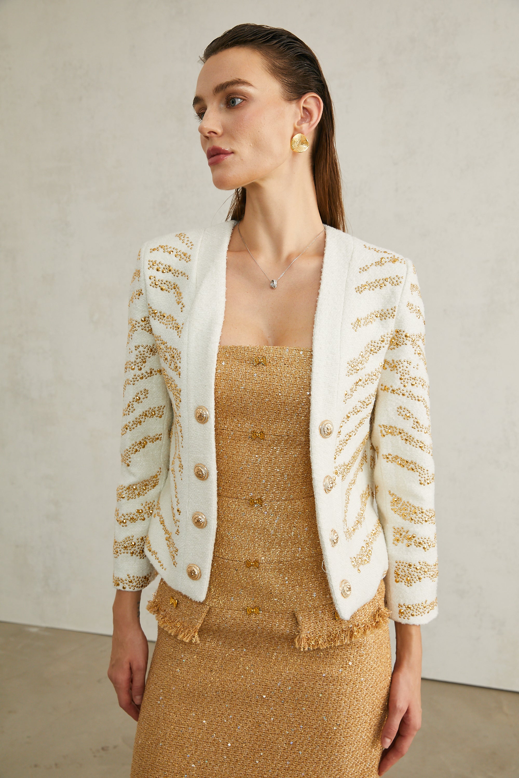 Calla white embellished collarless jacket