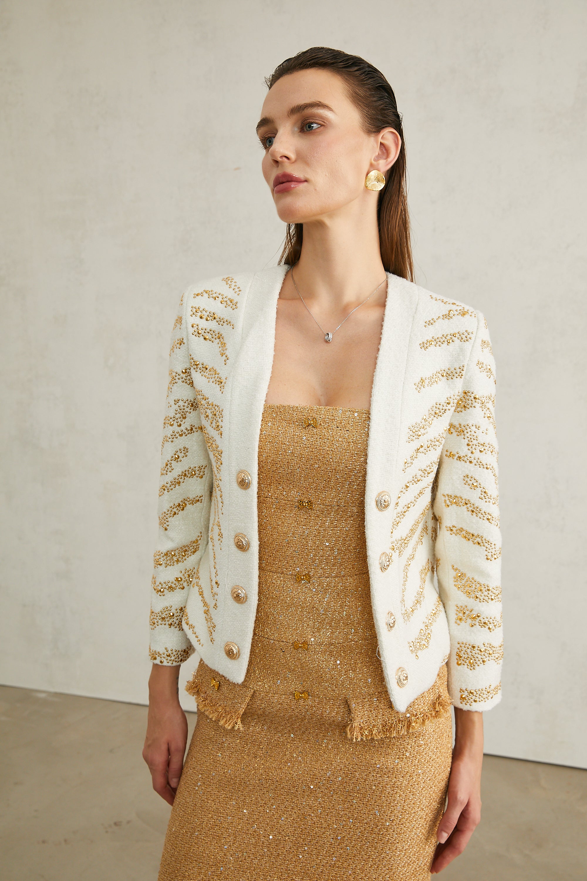 Calla white embellished collarless jacket