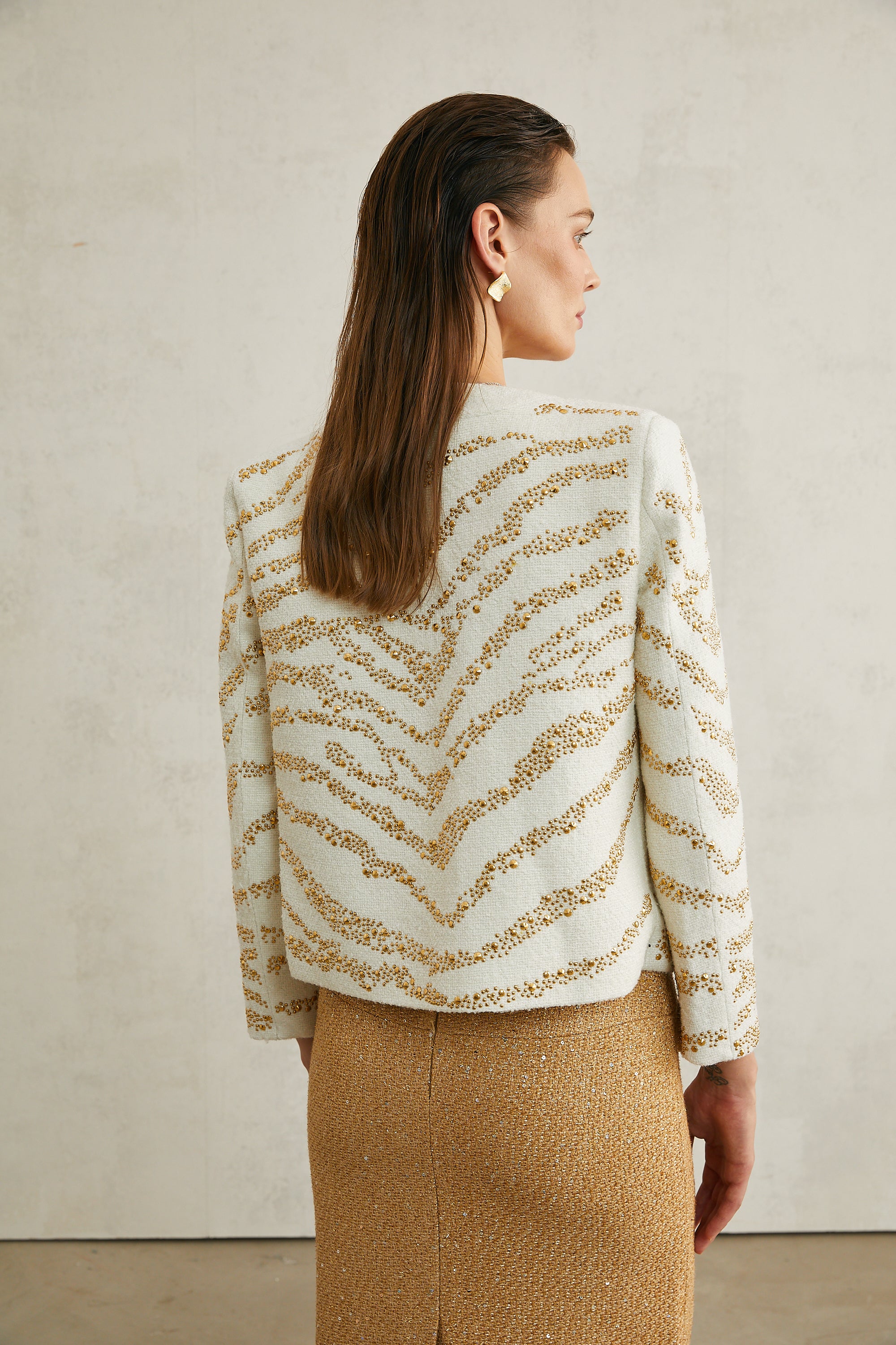 Calla white embellished collarless jacket