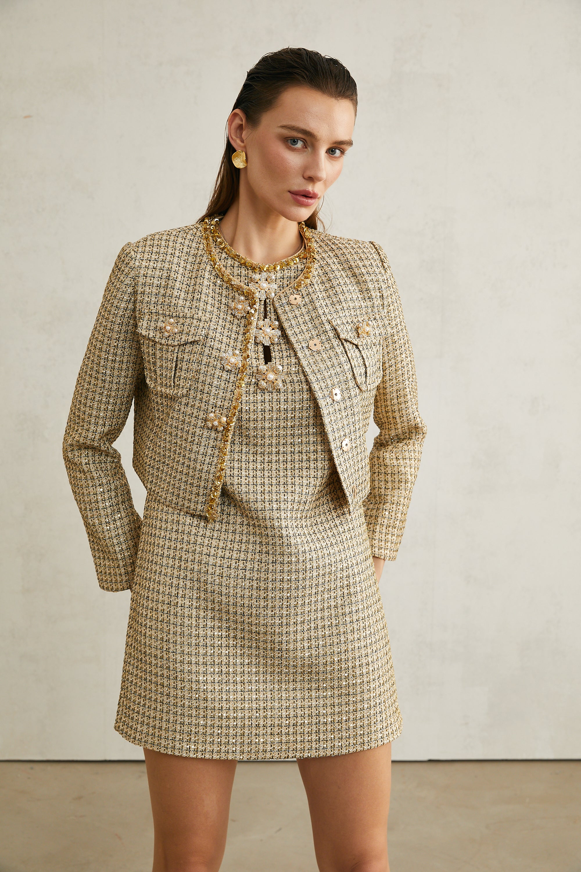 Agathe sequin-embellished tweed jacket