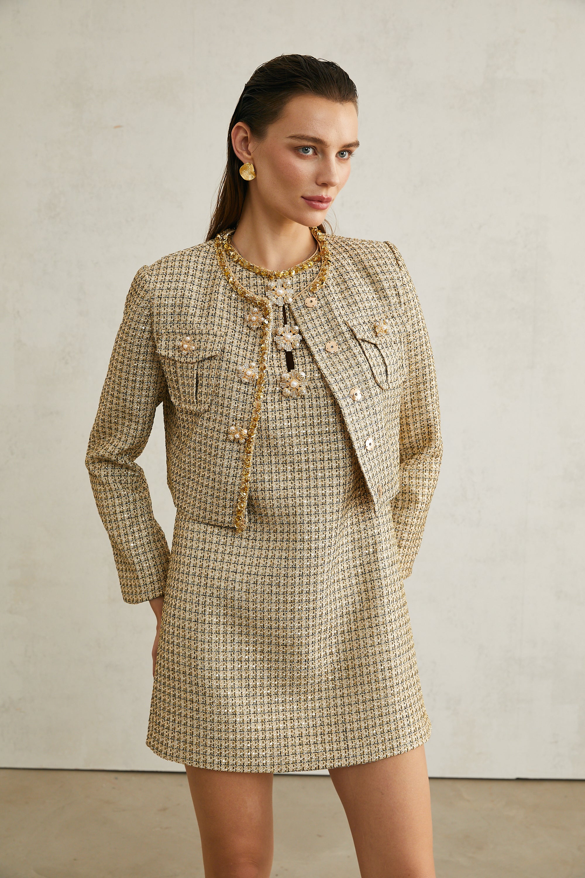 Agathe sequin-embellished tweed jacket