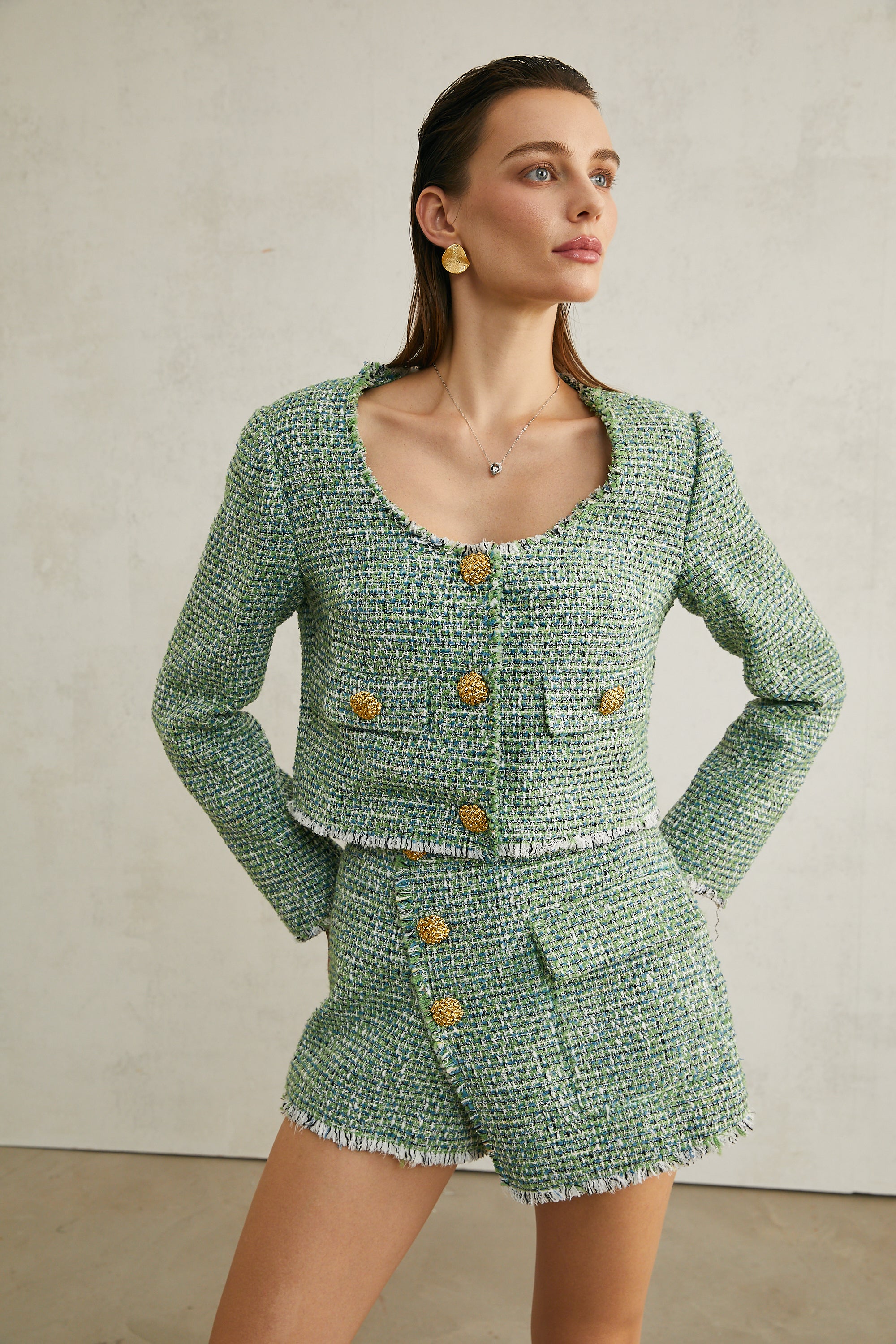 Alyss green tweed jacket & shorts matching set