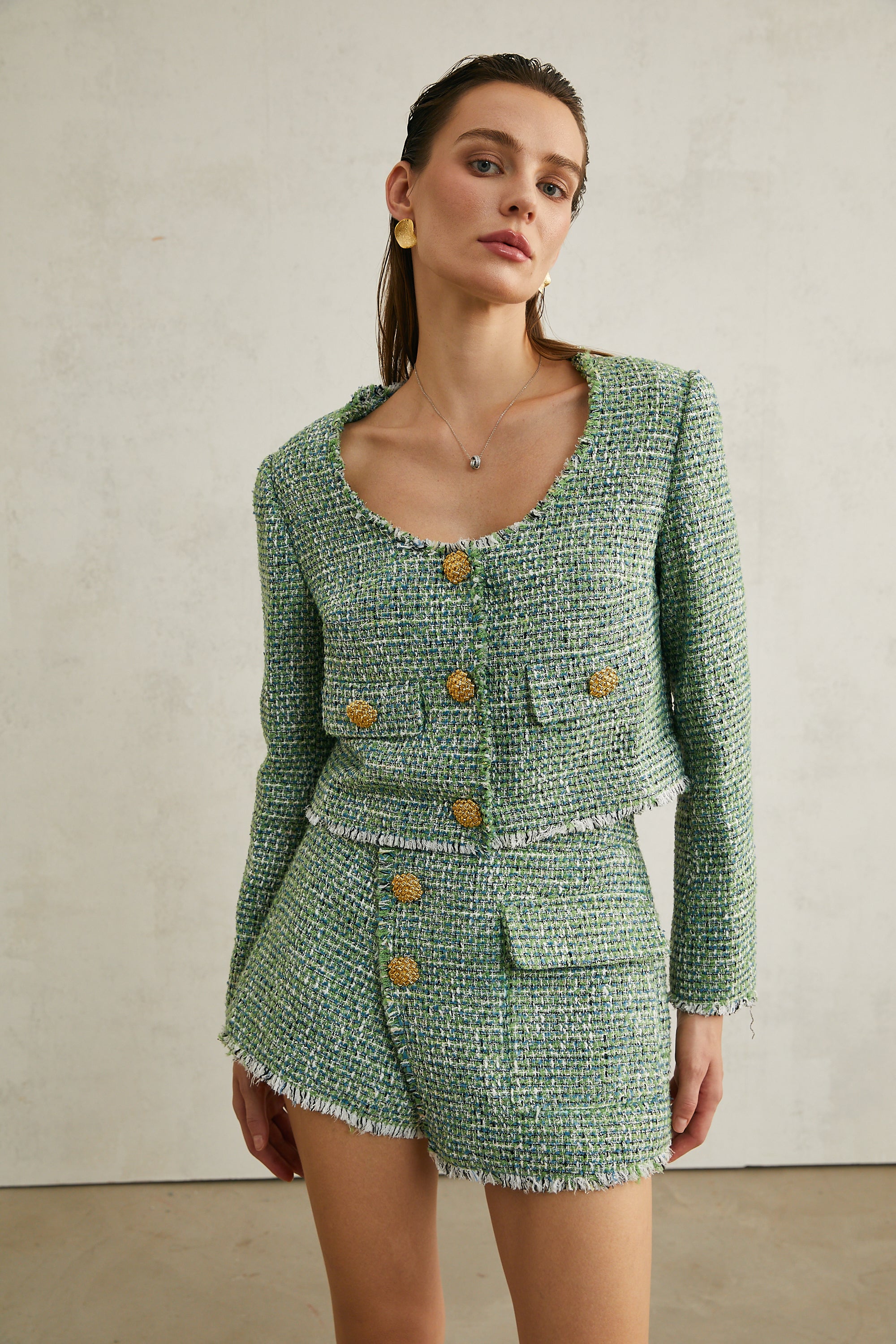 Alyss green tweed jacket & shorts matching set