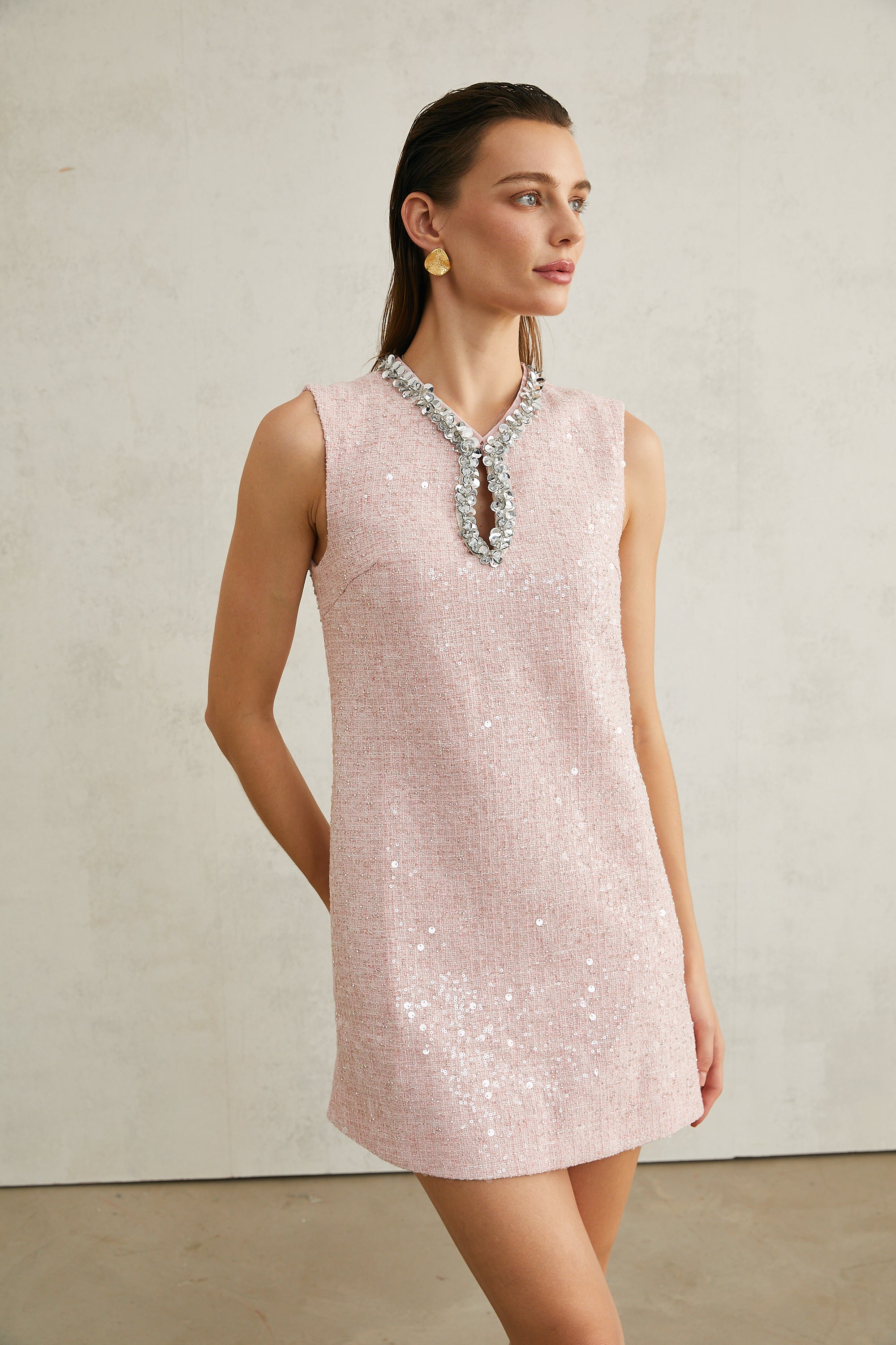 Arantxa pink sequinned tweed mini dress