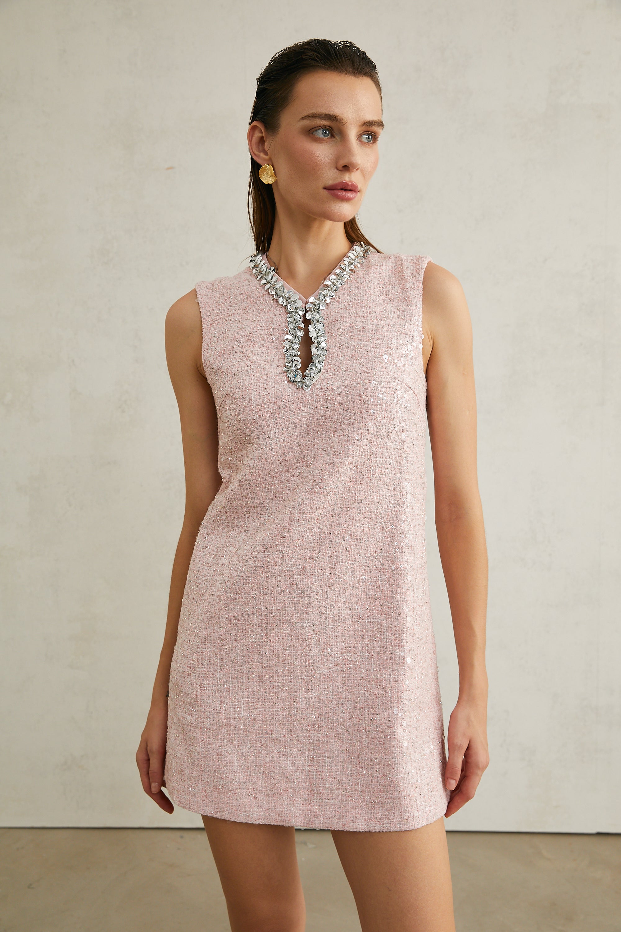 Arantxa pink sequinned tweed mini dress