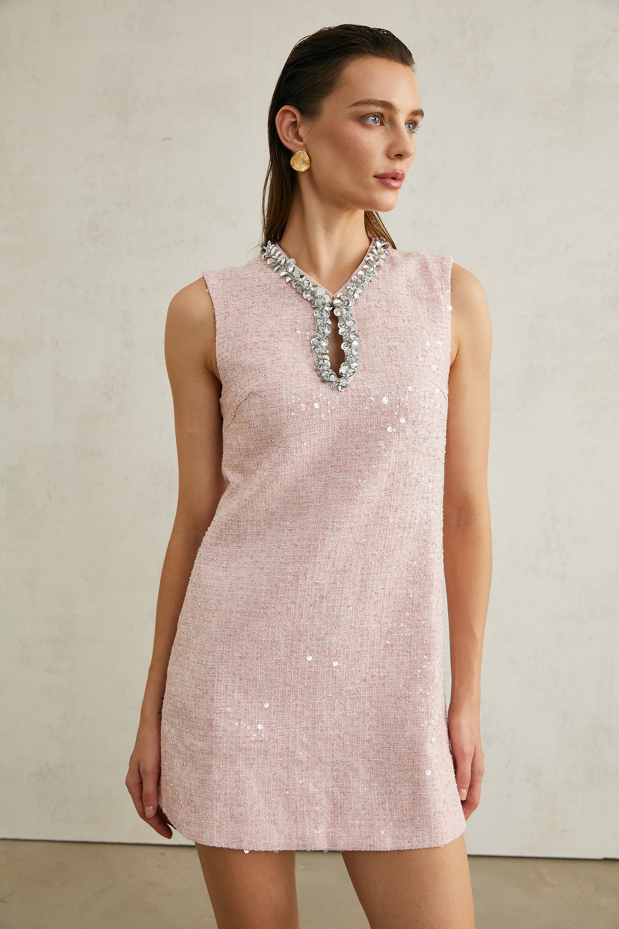 Arantxa pink sequinned tweed mini dress