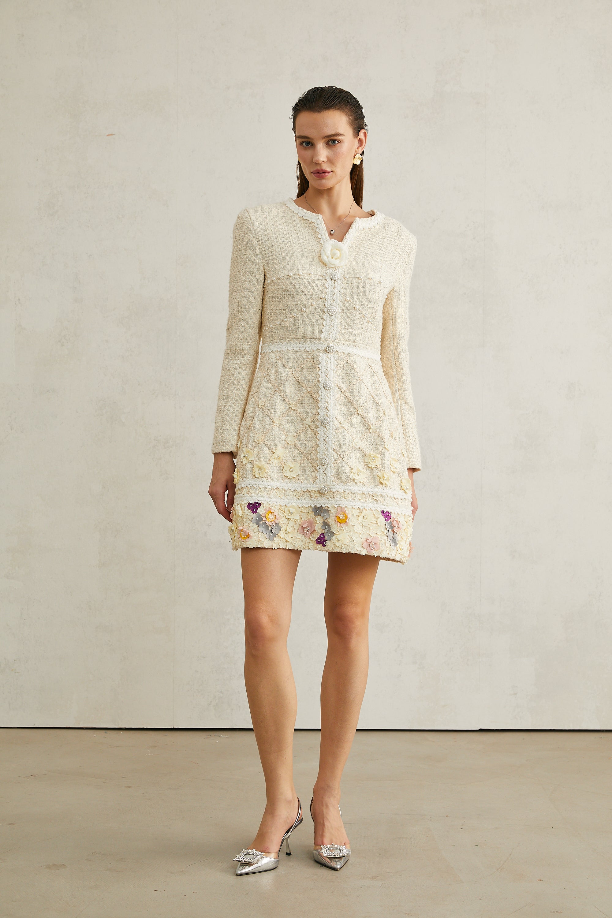 Camille flower-appliqué tweed mini dress