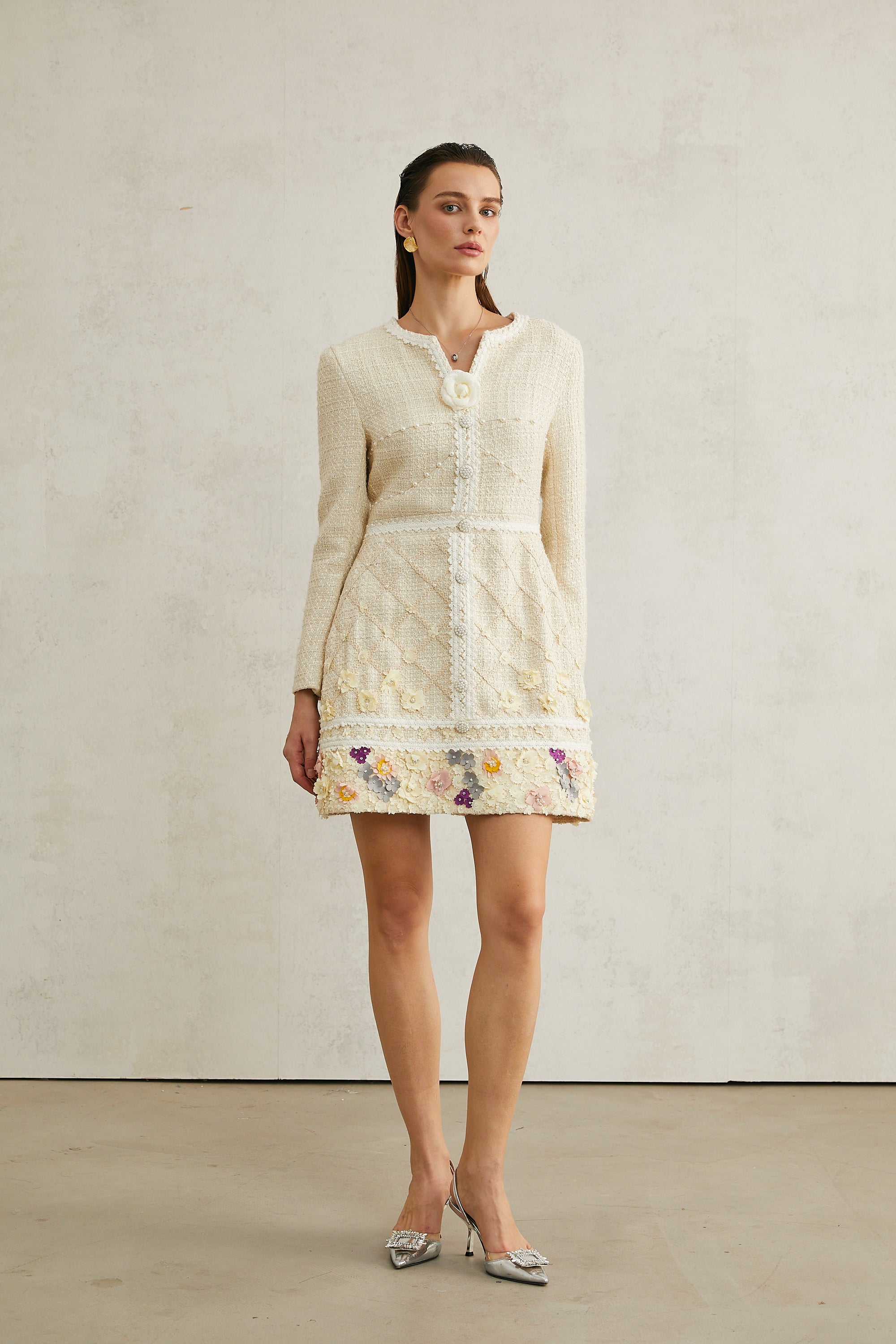 Camille flower-appliqué tweed mini dress