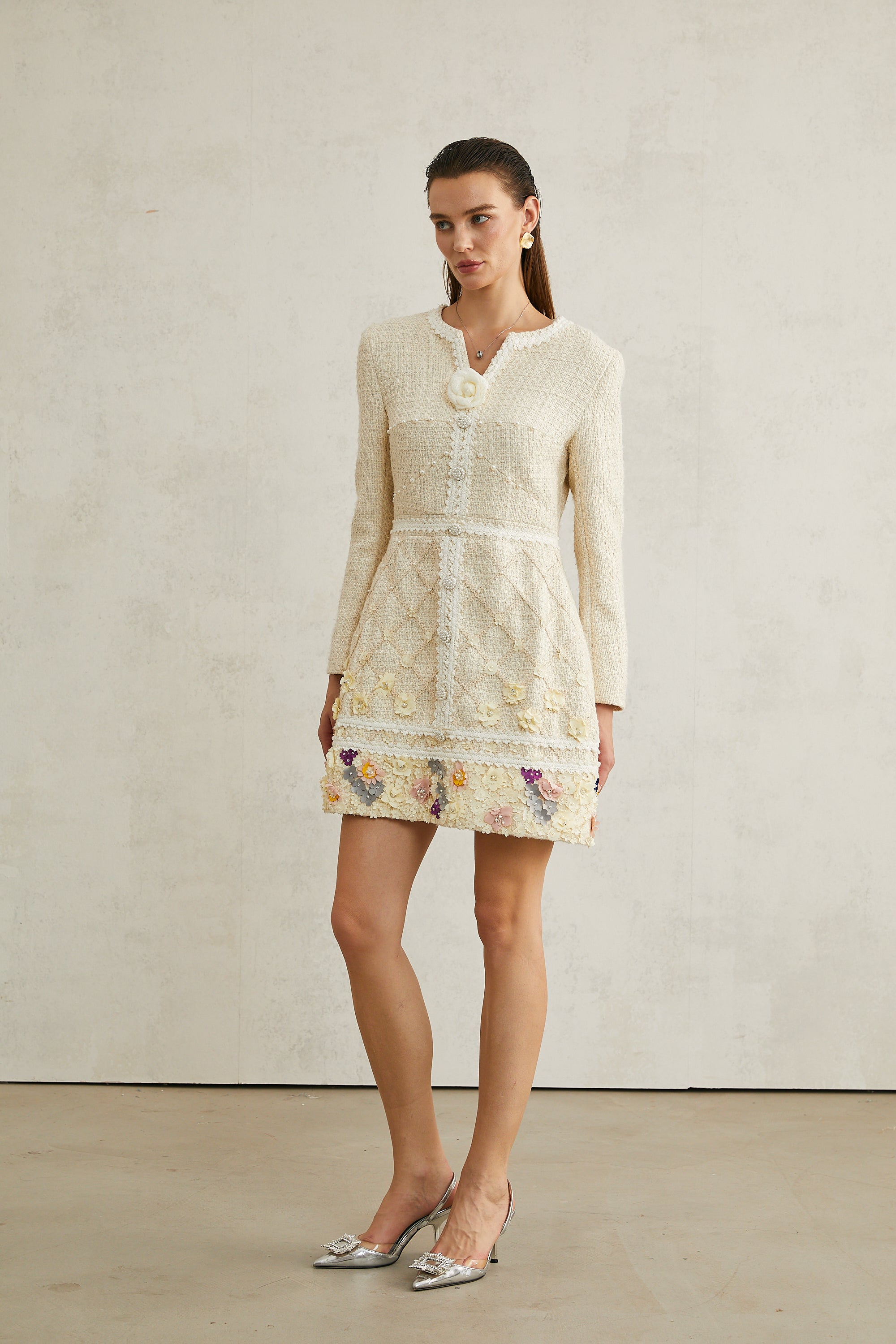 Camille flower-appliqué tweed mini dress