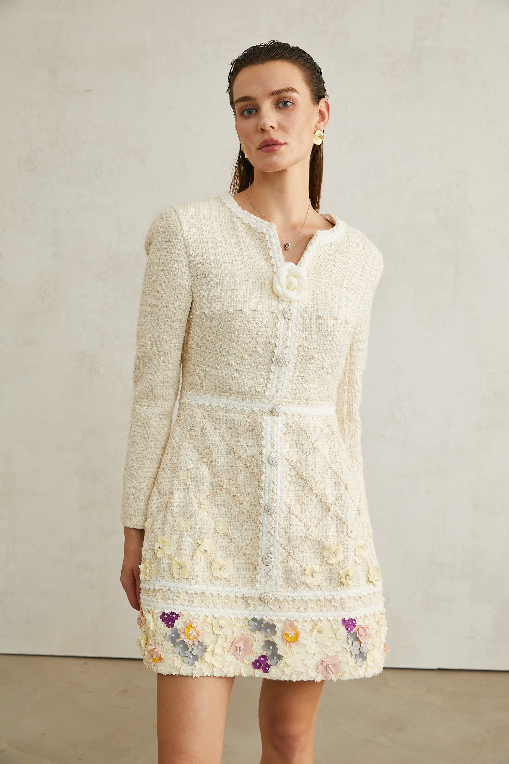 Camille flower-appliqué tweed mini dress