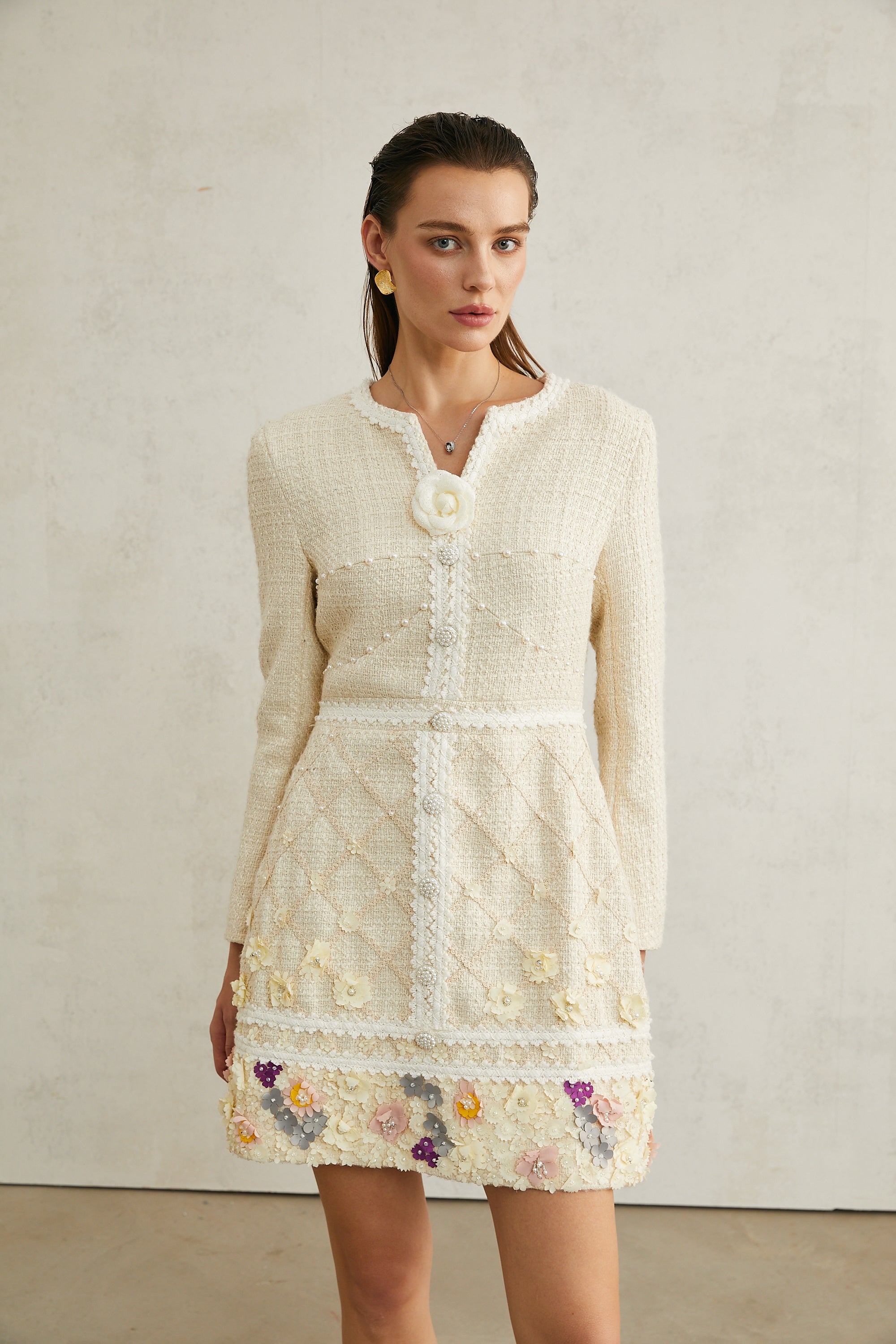 Camille flower-appliqué tweed mini dress