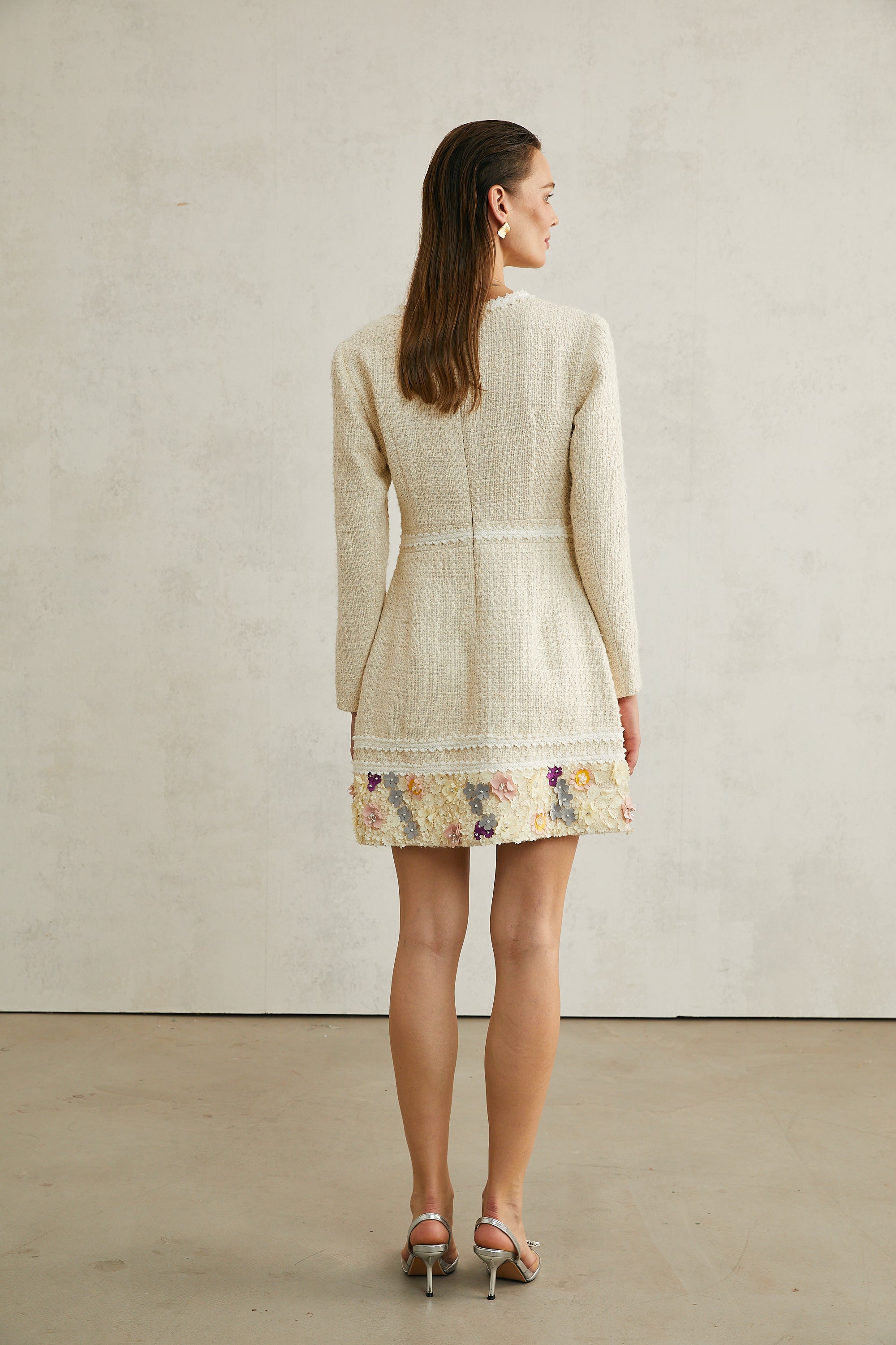 Camille flower-appliqué tweed mini dress