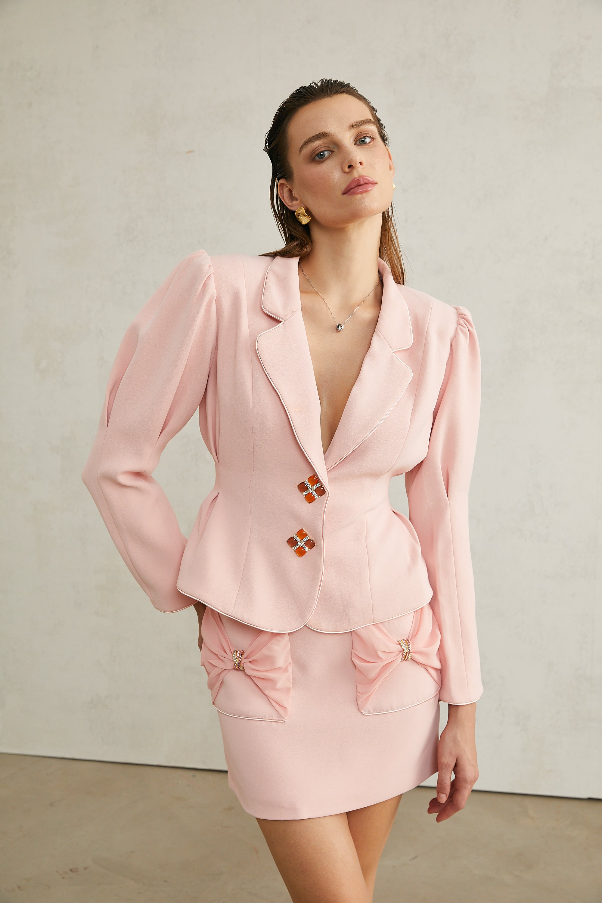 Madeleine pink cinched-waist jacket & skirt matching set