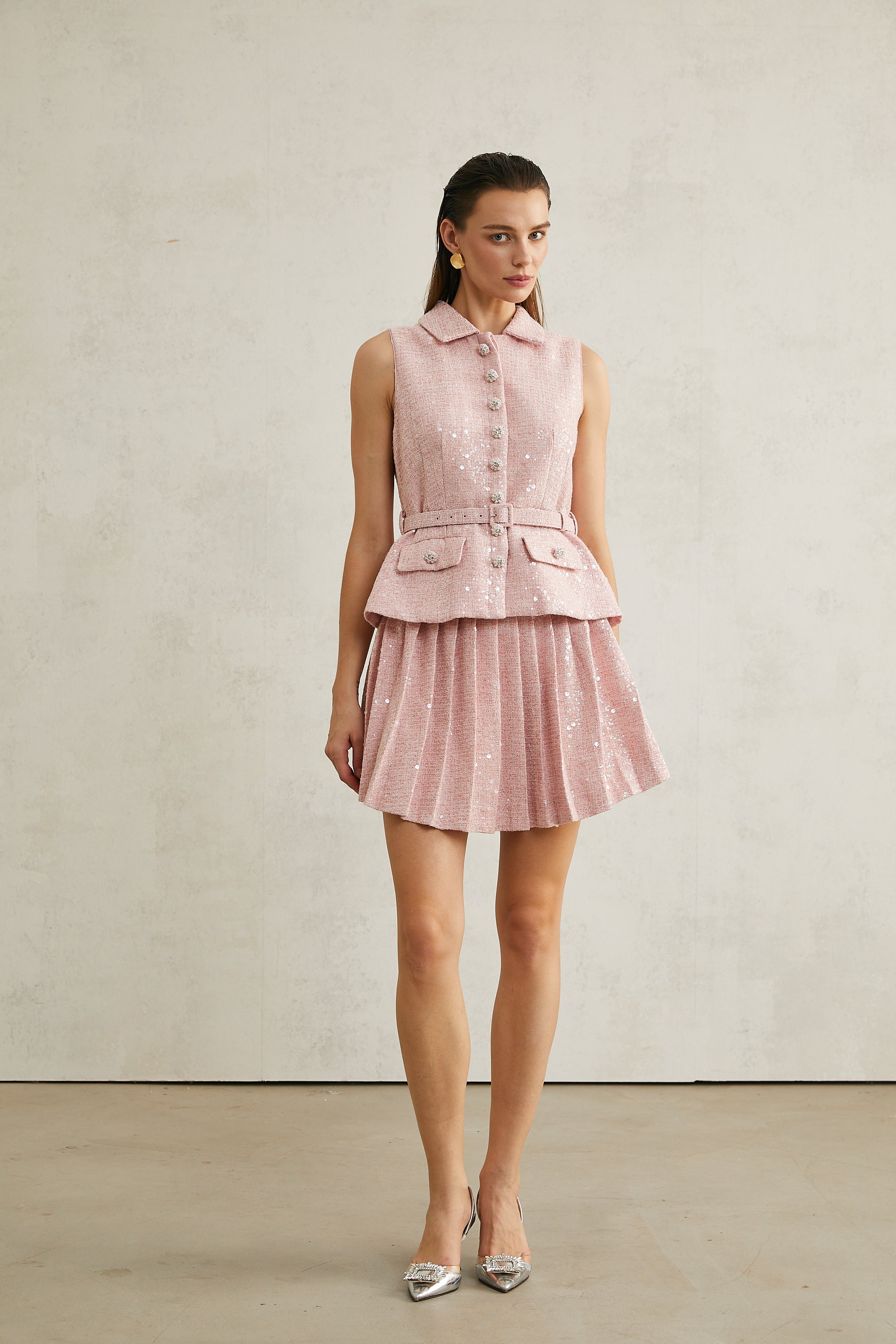 Élise pink pleated embellished mini dress