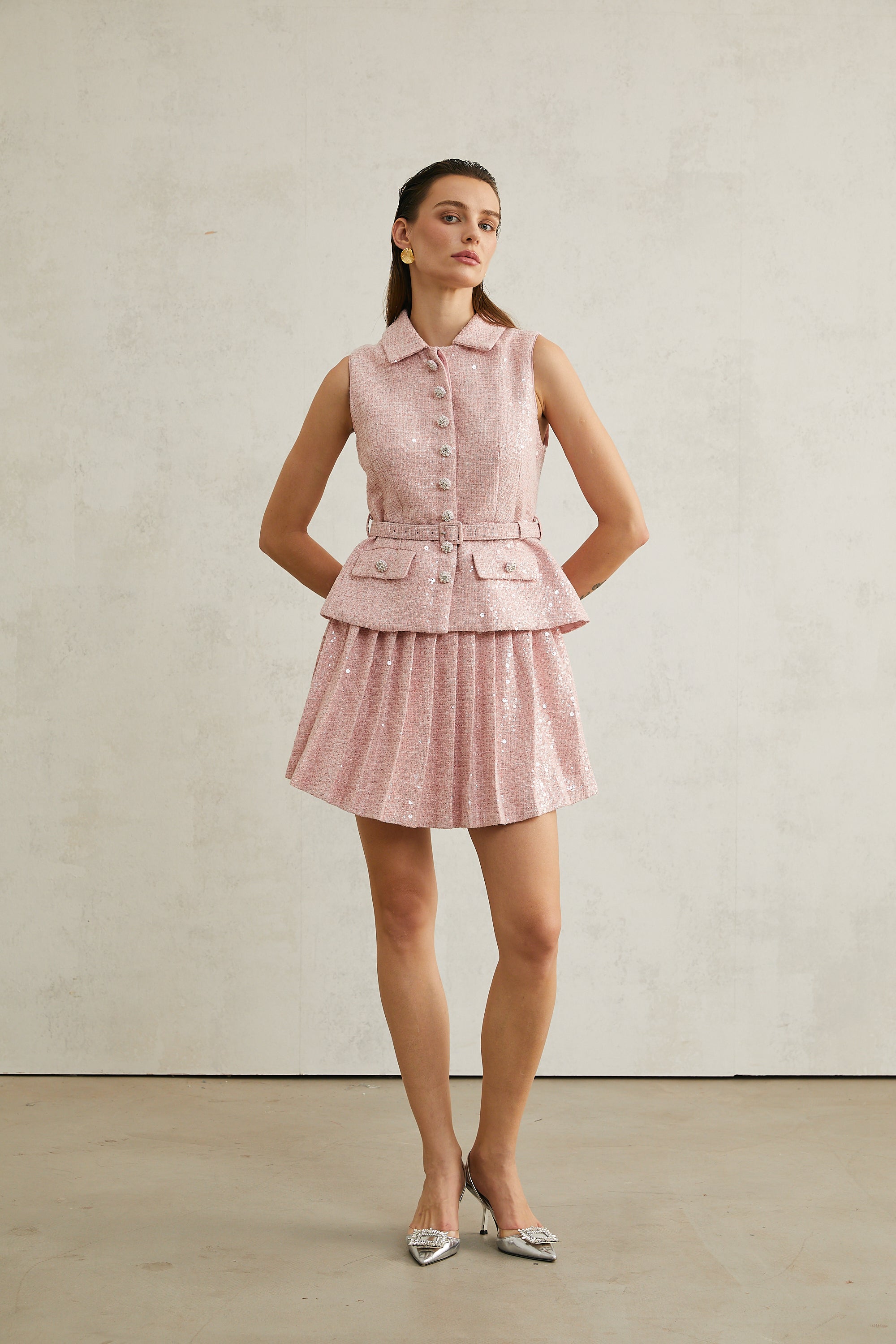 Élise pink pleated embellished mini dress