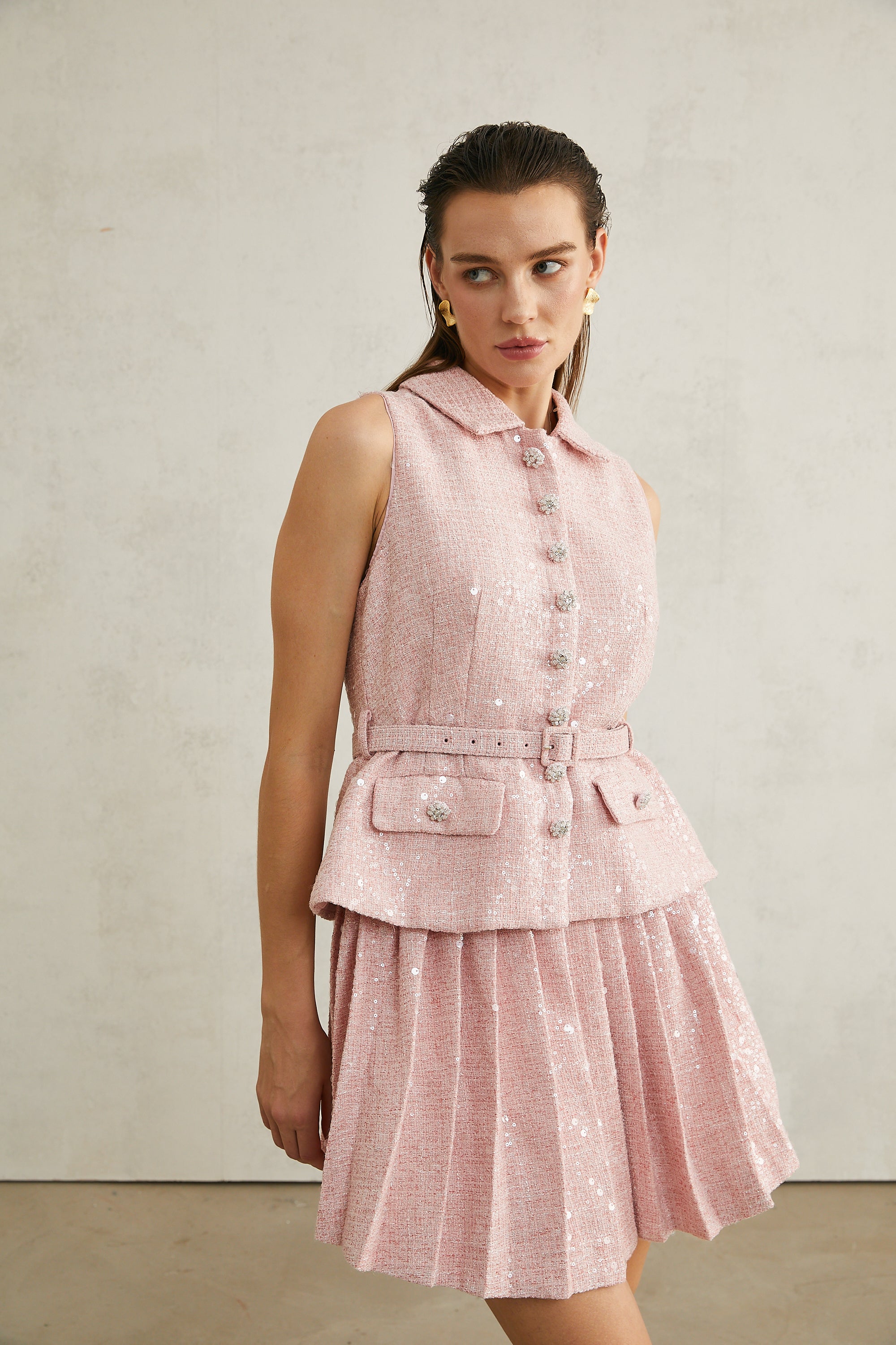 Élise pink pleated embellished mini dress