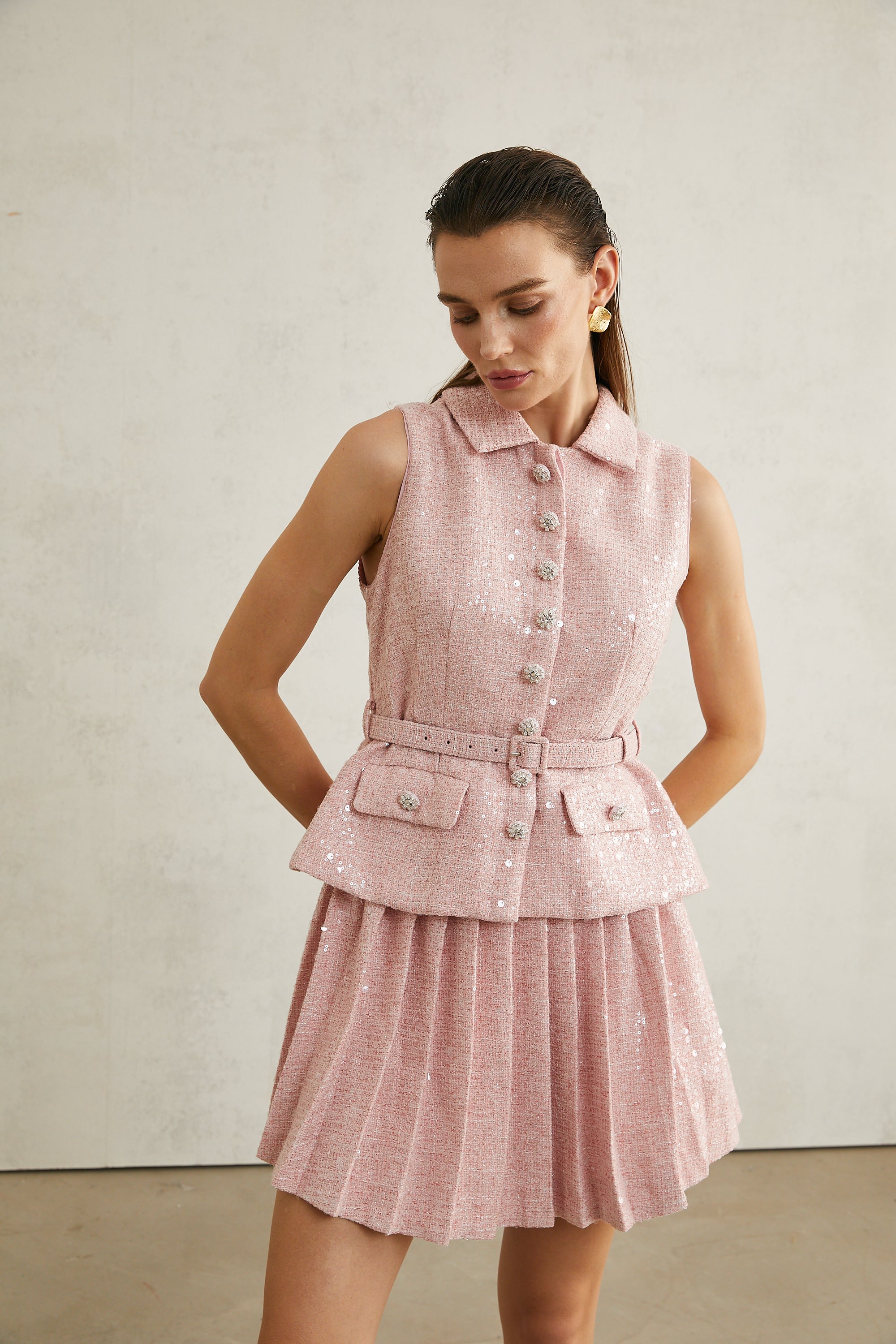 Élise pink pleated embellished mini dress