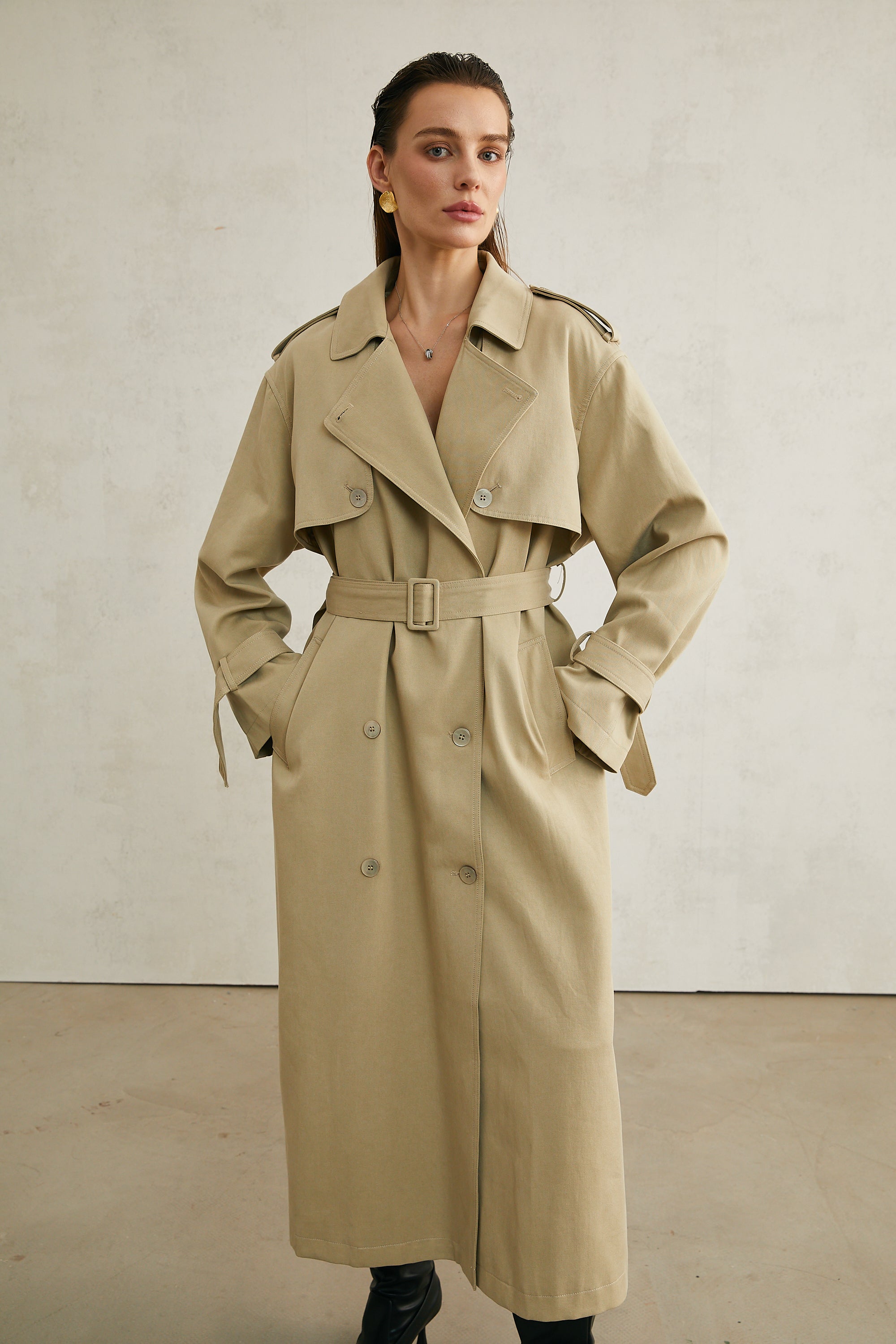 Carlotta khaki belted trench coat